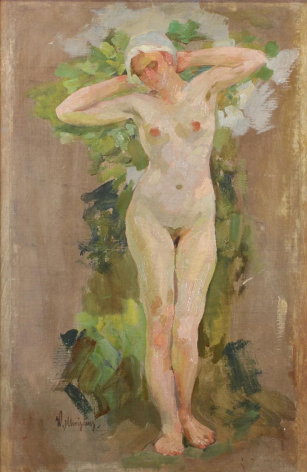 Wilhelm Christens - female nude

64cm x 42cm (frame excluded) - oil on canvas applied to rigid cardboard
1920s

Christens, Wilhelm (1878 Düsseldorf - 1964)
He attended the Karlsruhe School of Art, studied at KA Düsseldorf as a student of Peter