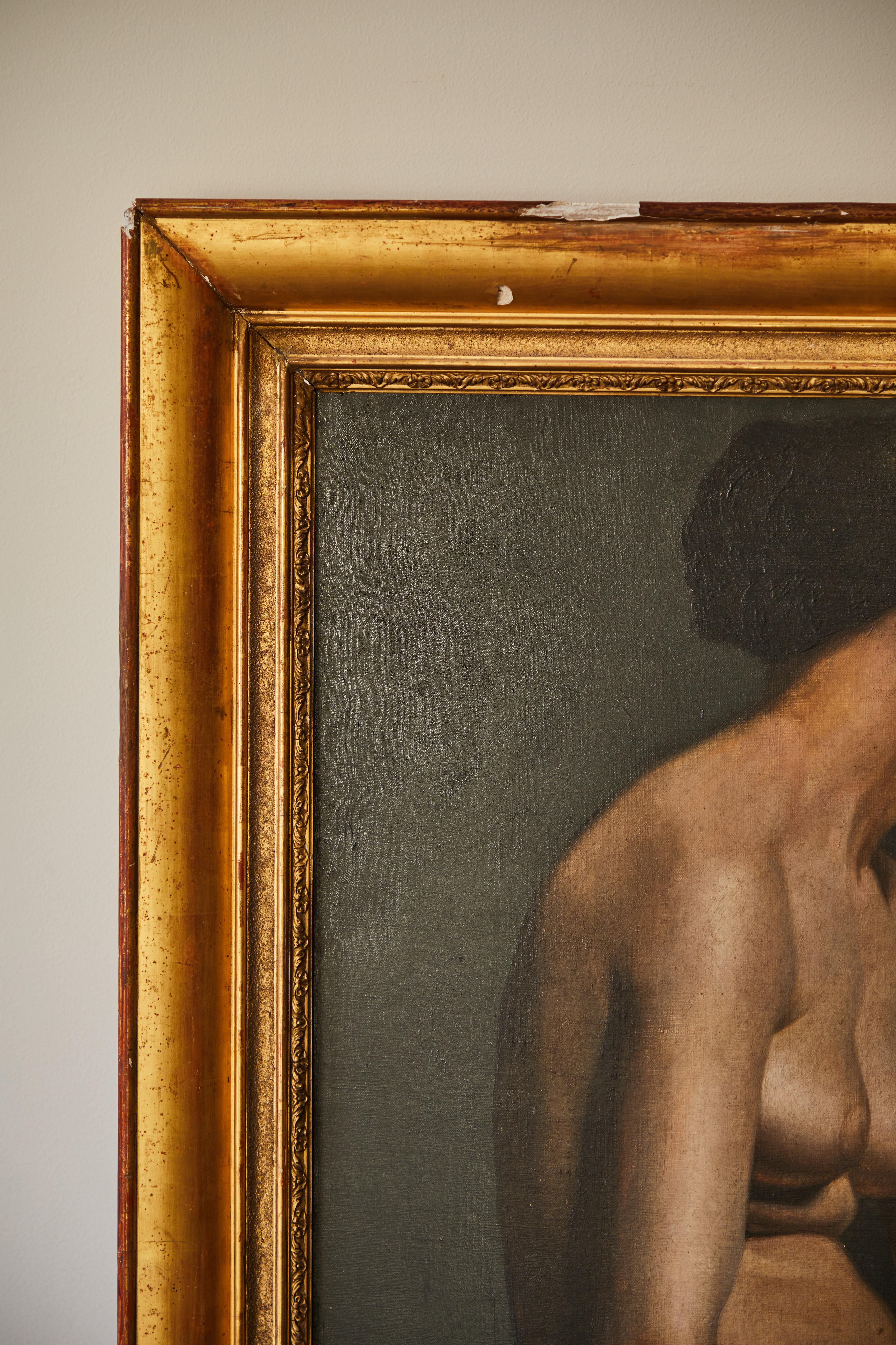 Figurative oil painting of a female nude on linen. Made in France, circa 1920s.