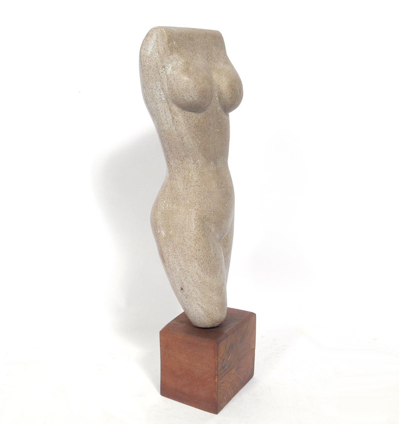 Female nude stone sculpture, believed to be at least circa 1950s, possibly much earlier. This piece came to us from the estate of an NYC collector that had a wide range of art and objects from different eras, from Pre-Columbian to ultra