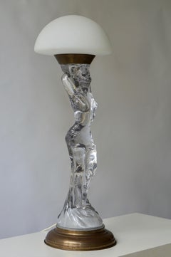 Female Nude Table Lamp in Glass and Brass