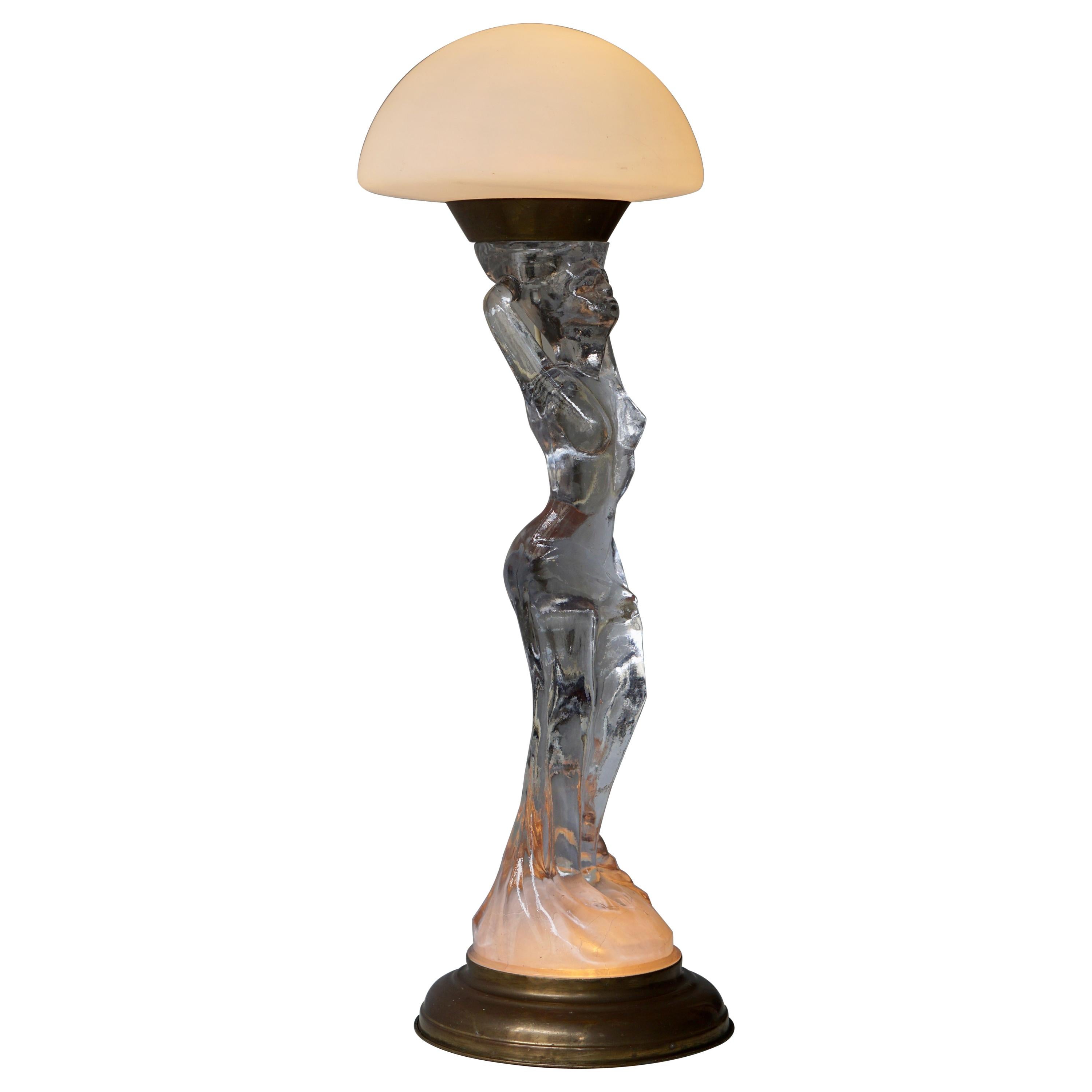 Female Nude Table Lamp in Glass and Brass For Sale