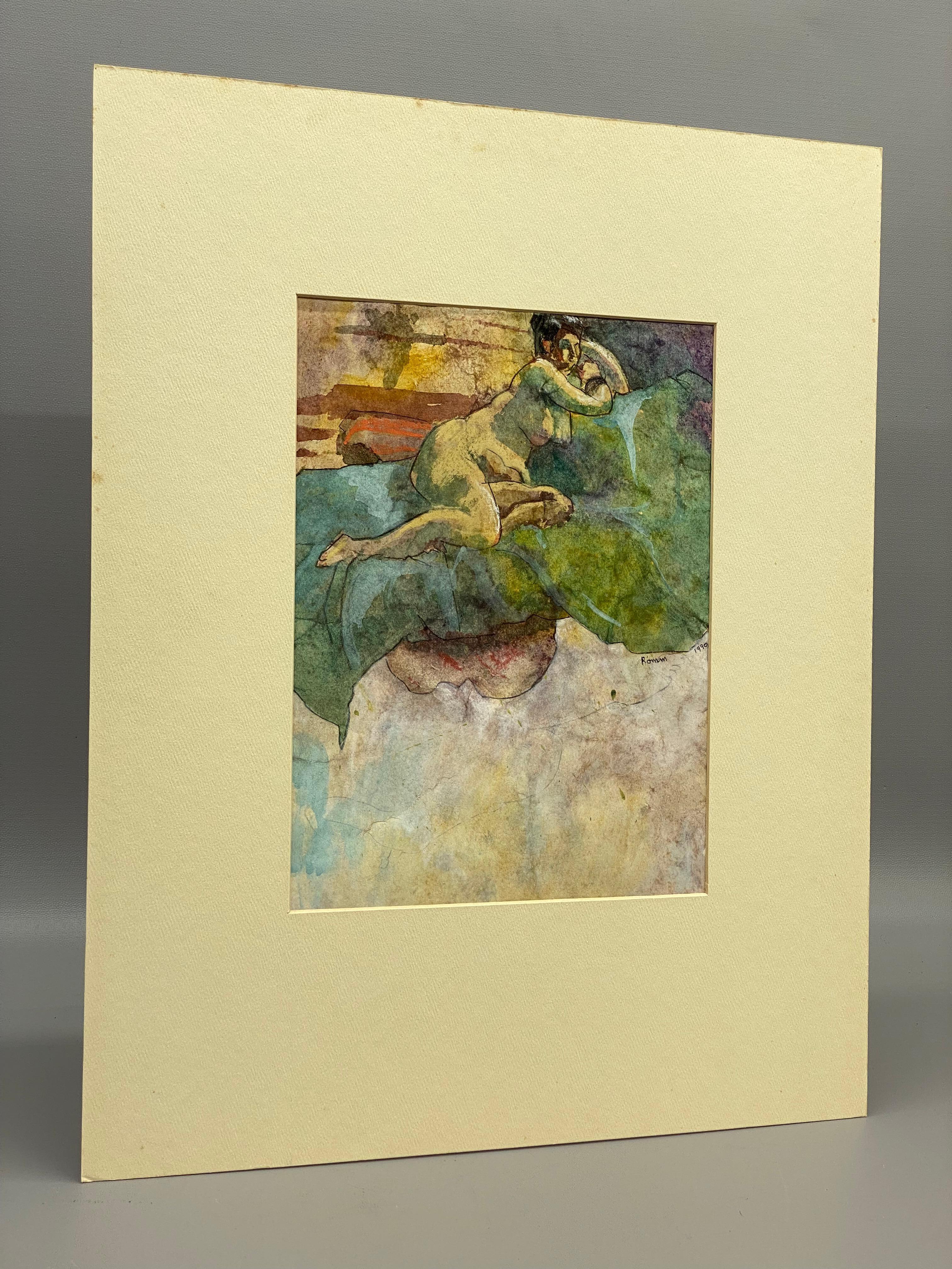 Rubenesque aquarelle sur papier de Floss Romm Dworkin. Signé Romm et daté de 1990. Romm était son nom de jeune fille et l'a utilisé sur la plupart des pièces qu'elle a signées. 

Bon état général, sans taches ni rousseurs visibles. Pas de déchirures
