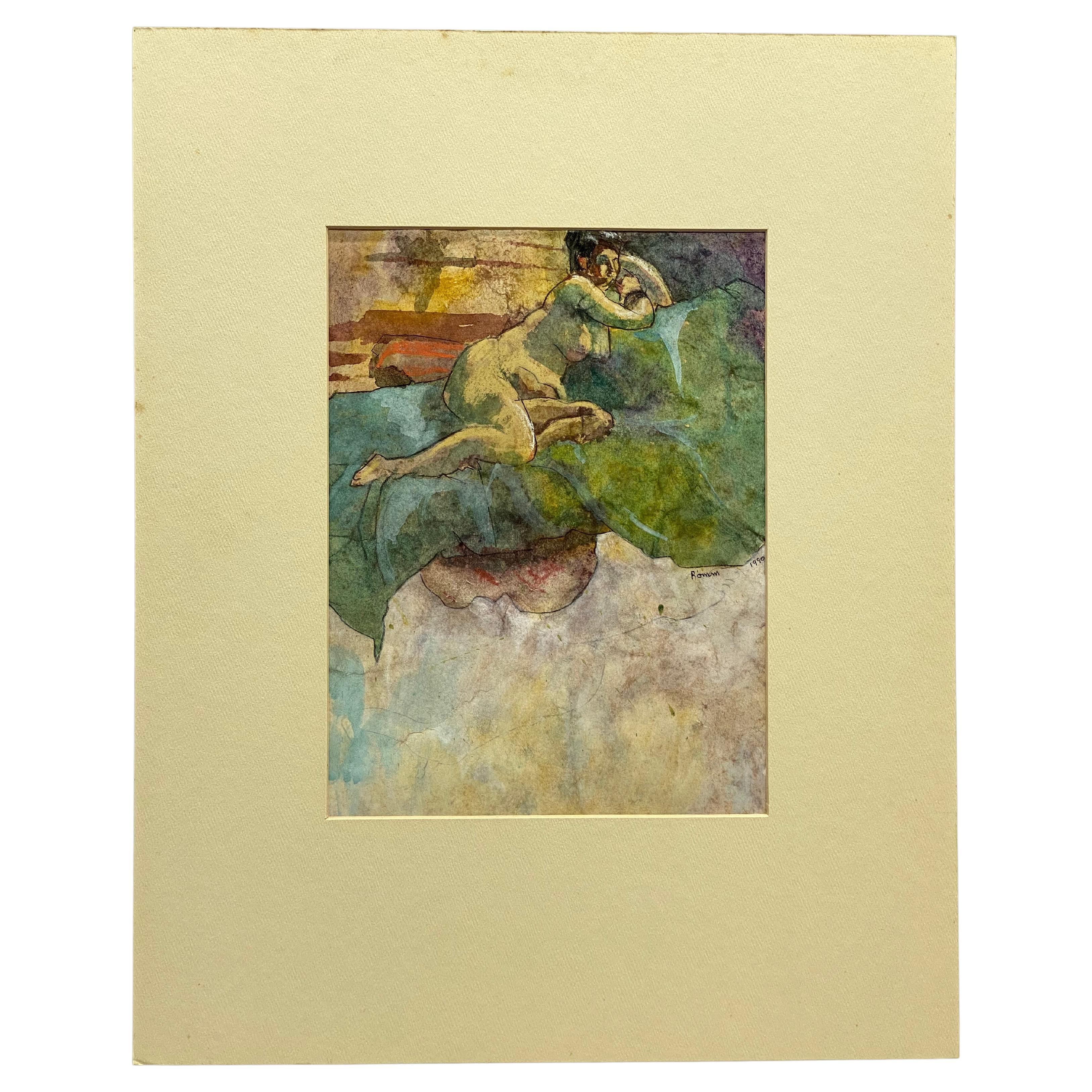 Female Nude Watercolor on Paper by Floss Romm Dworkin, 1990