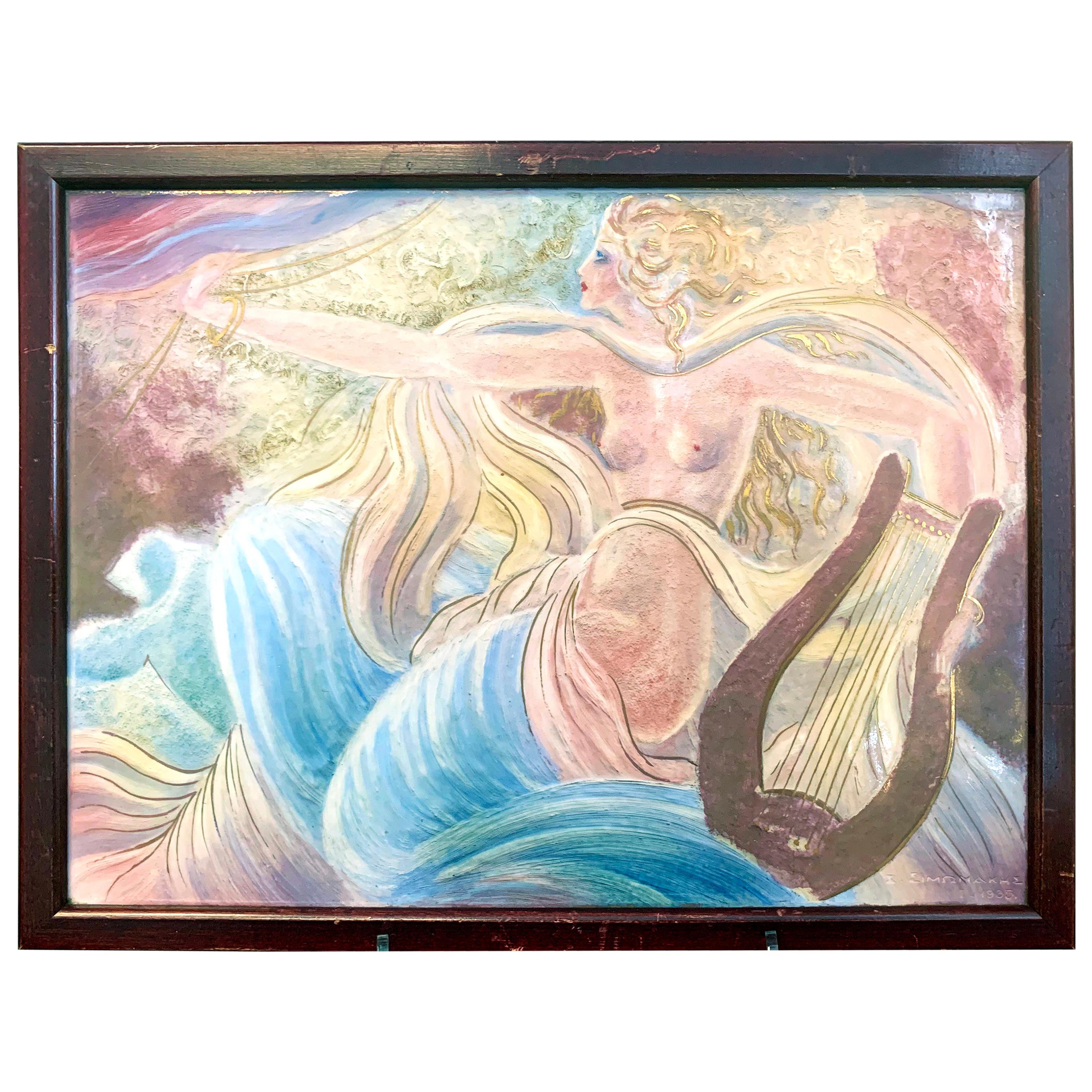 "Female Nude with Lyre, " Spectacular, Rare Art Deco Framed Tile by Greek Artist For Sale