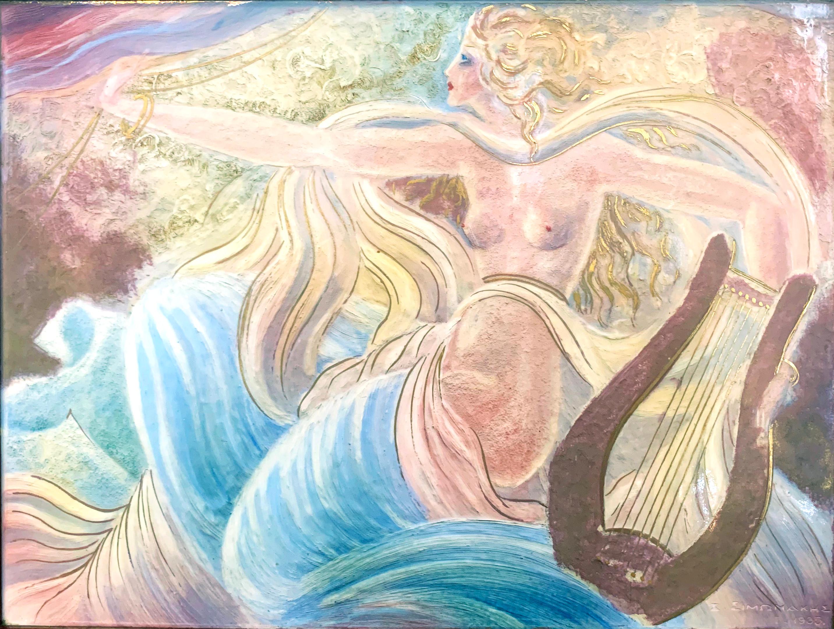 Dominé par un élégant nu féminin étreignant une lyre grecque, ce spectaculaire panneau vitré Art déco encadré montre la fascination de l'époque pour l'imagerie classique interprétée de manière moderne. Dans des tons de rose et de bleu rehaussés d'un