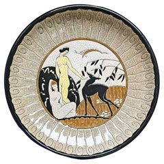 "Female Nudes and Deer, " Large, Striking Art Deco Bowl by Longwy for Primavera