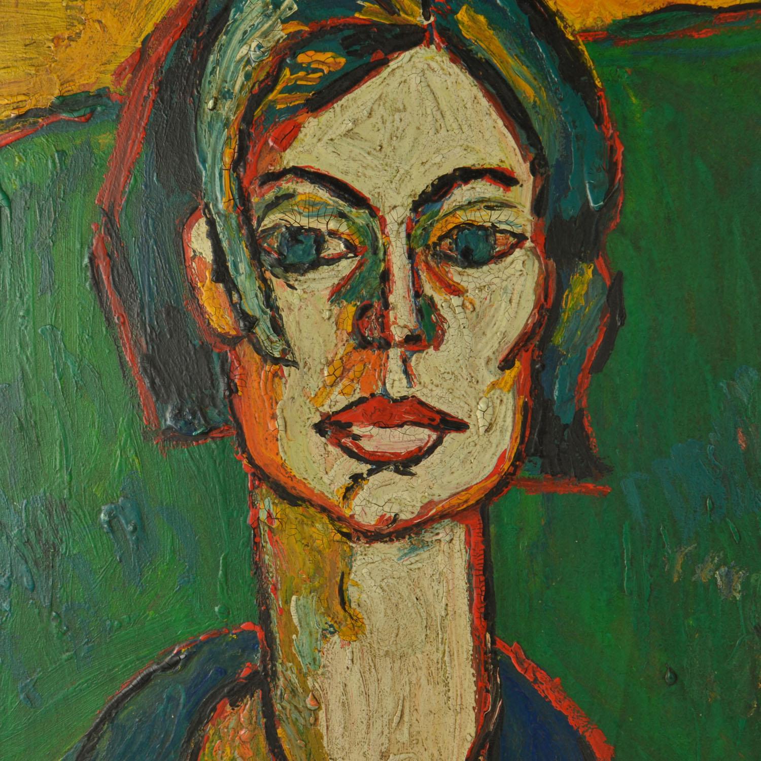 Expresivo retrato de mujer en vivos colores pintura acrílica sobre tabla en marco original, por el artista Pieper, Munich, Alemania años 60. 
Dimensiones del cuadro; Alto 52 cm, Ancho 38 cm