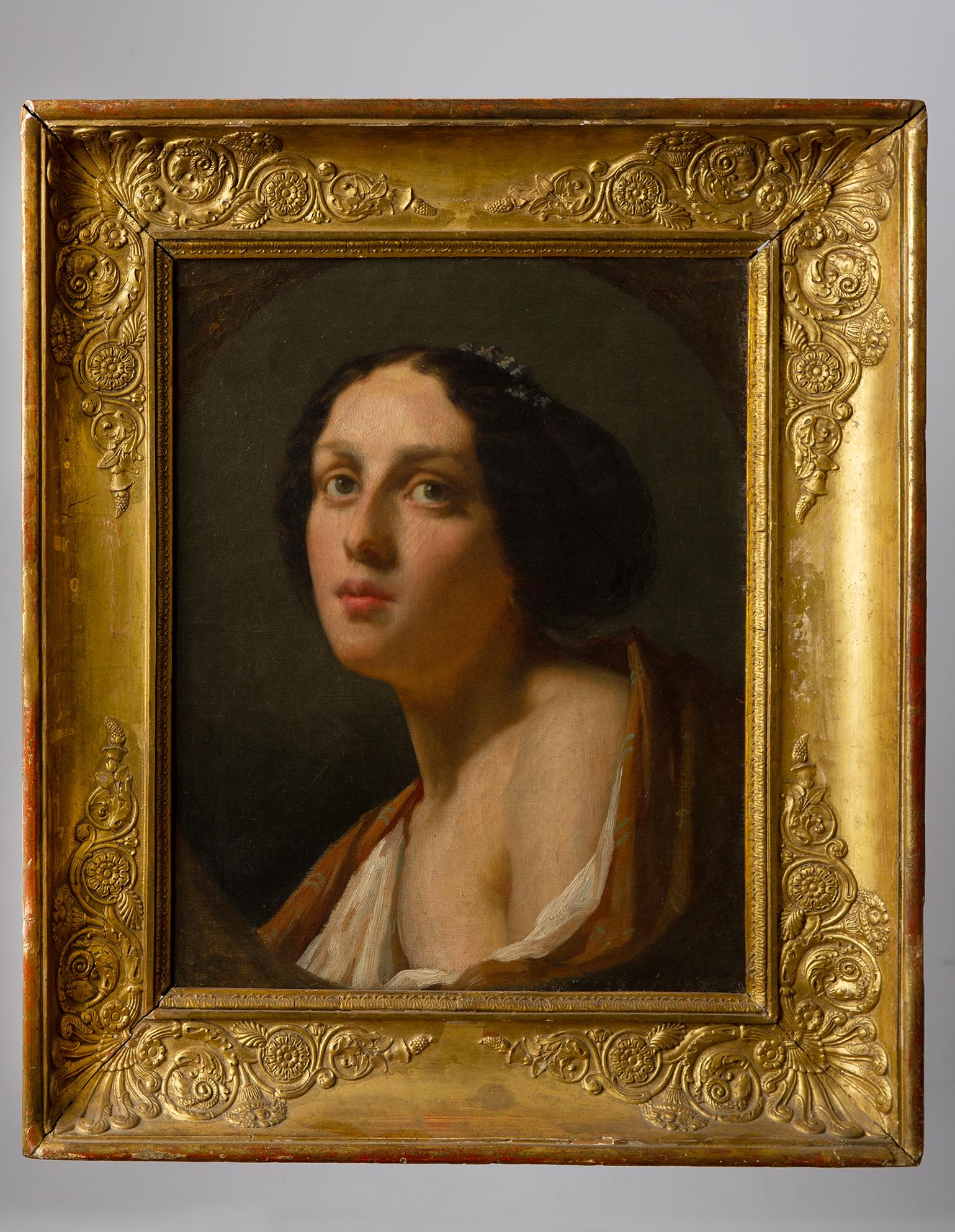 Portrait élégant d'une jeune fille datant de l'époque de l'Empire. Le magnifique cadre antique permet de l'encadrer.
nr. O/6667.
  