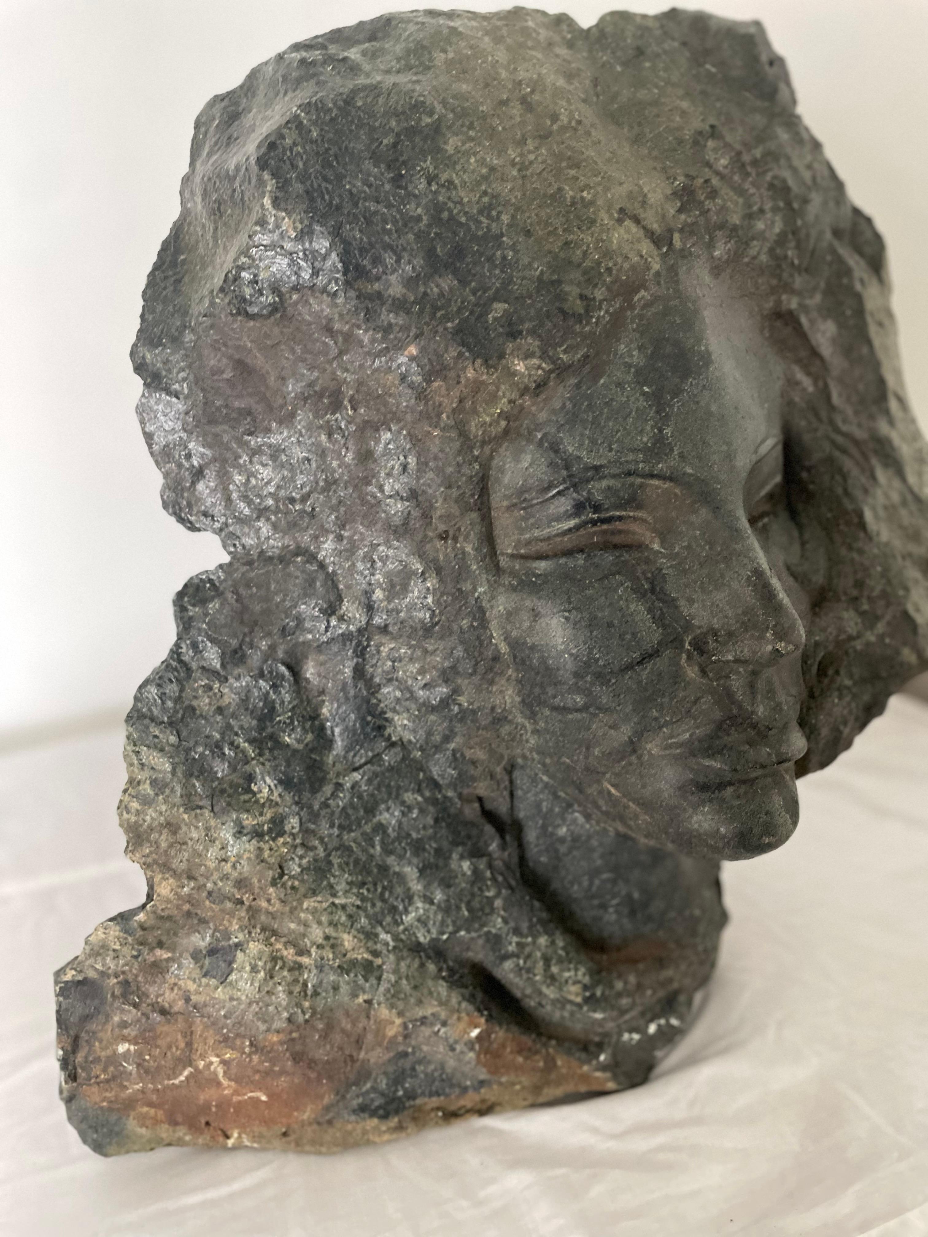 American Female Sculpture Carved Stone Bust of a Woman Signed by Artist Charles Cutler For Sale