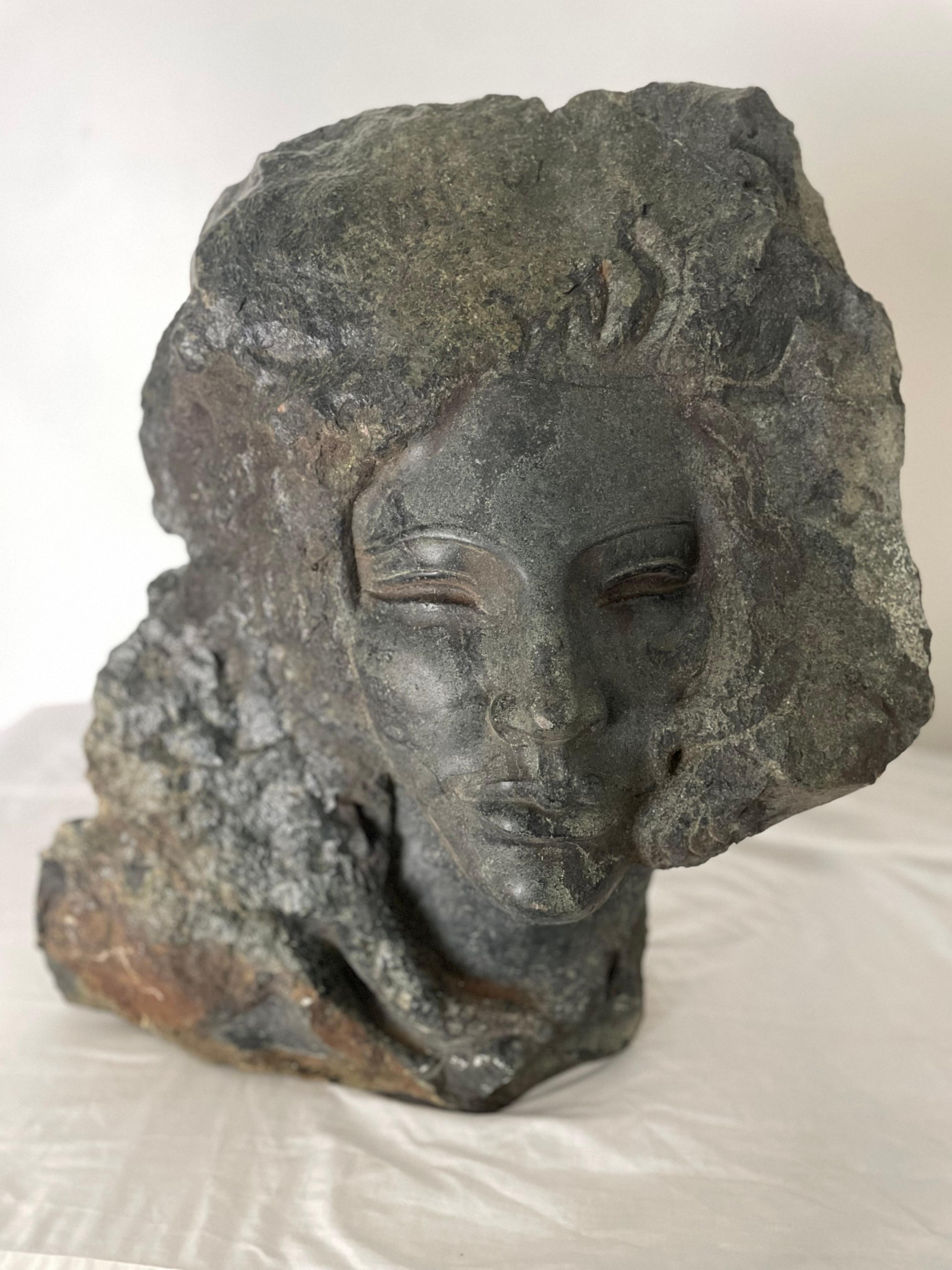 Female Sculpture Carved Stone Bust of a Woman Signed by Artist Charles Cutler In Good Condition For Sale In Cookeville, TN