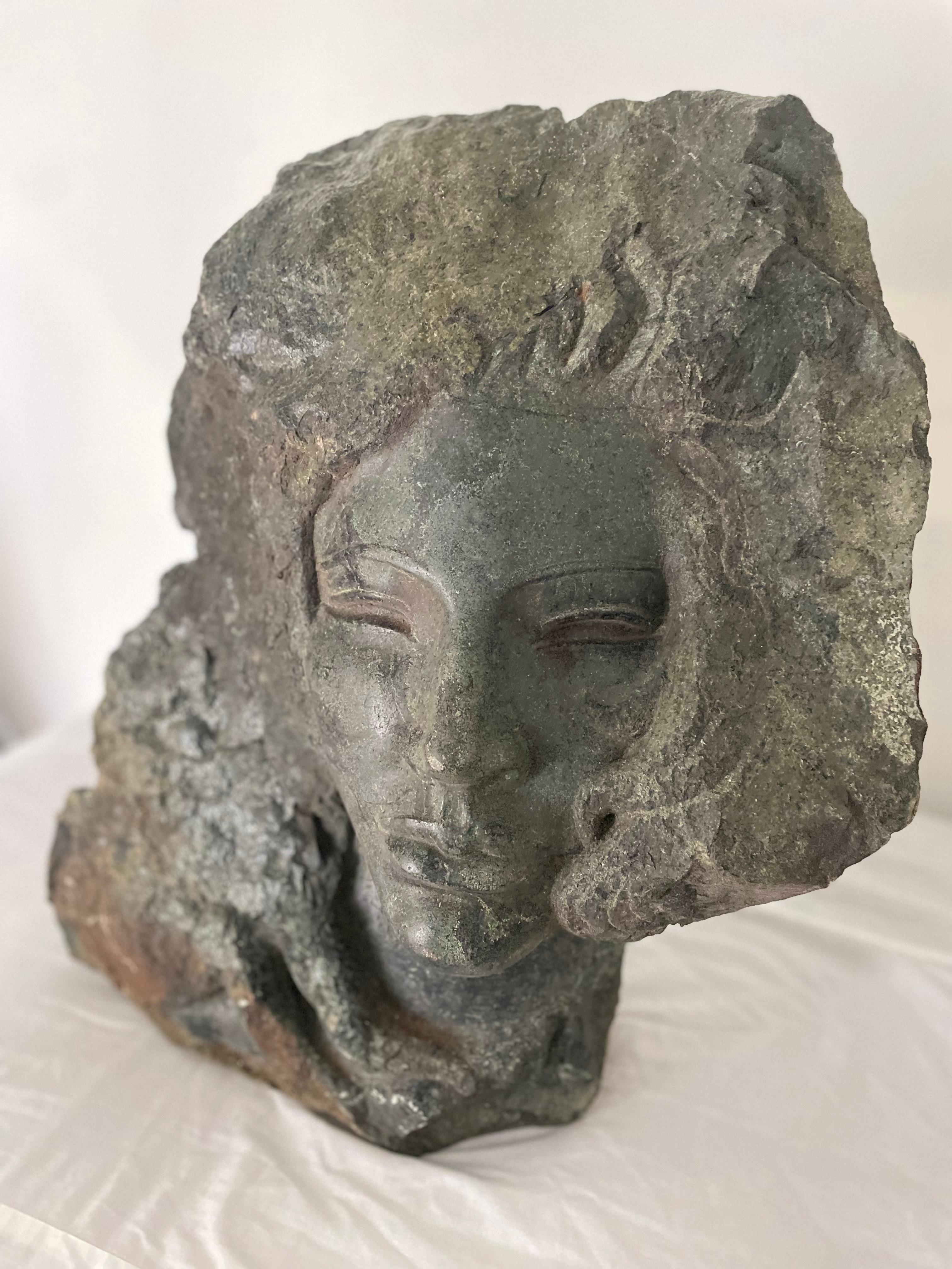 20th Century Female Sculpture Carved Stone Bust of a Woman Signed by Artist Charles Cutler For Sale