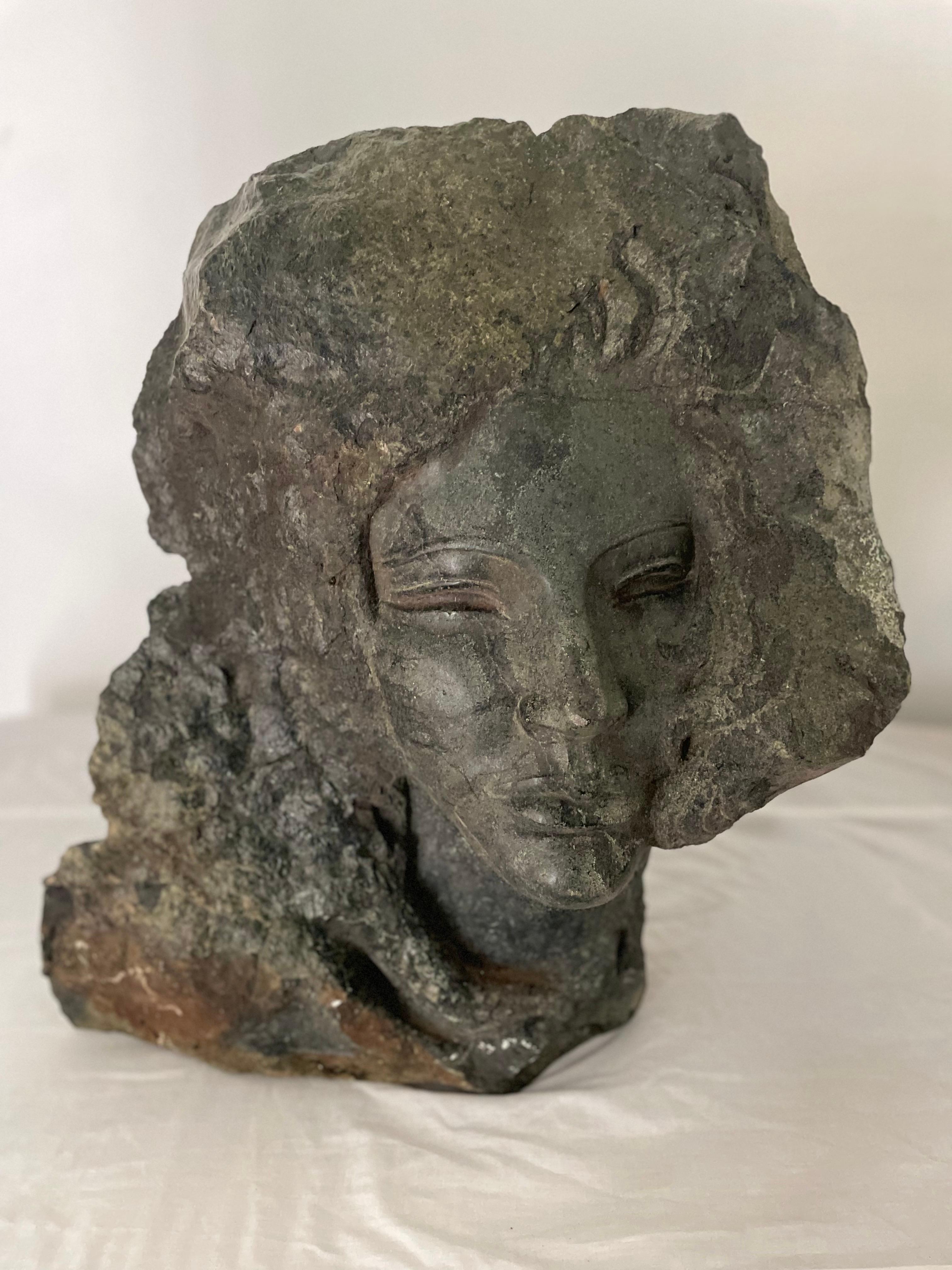 Female Sculpture Carved Stone Bust of a Woman Signed by Artist Charles Cutler For Sale 2