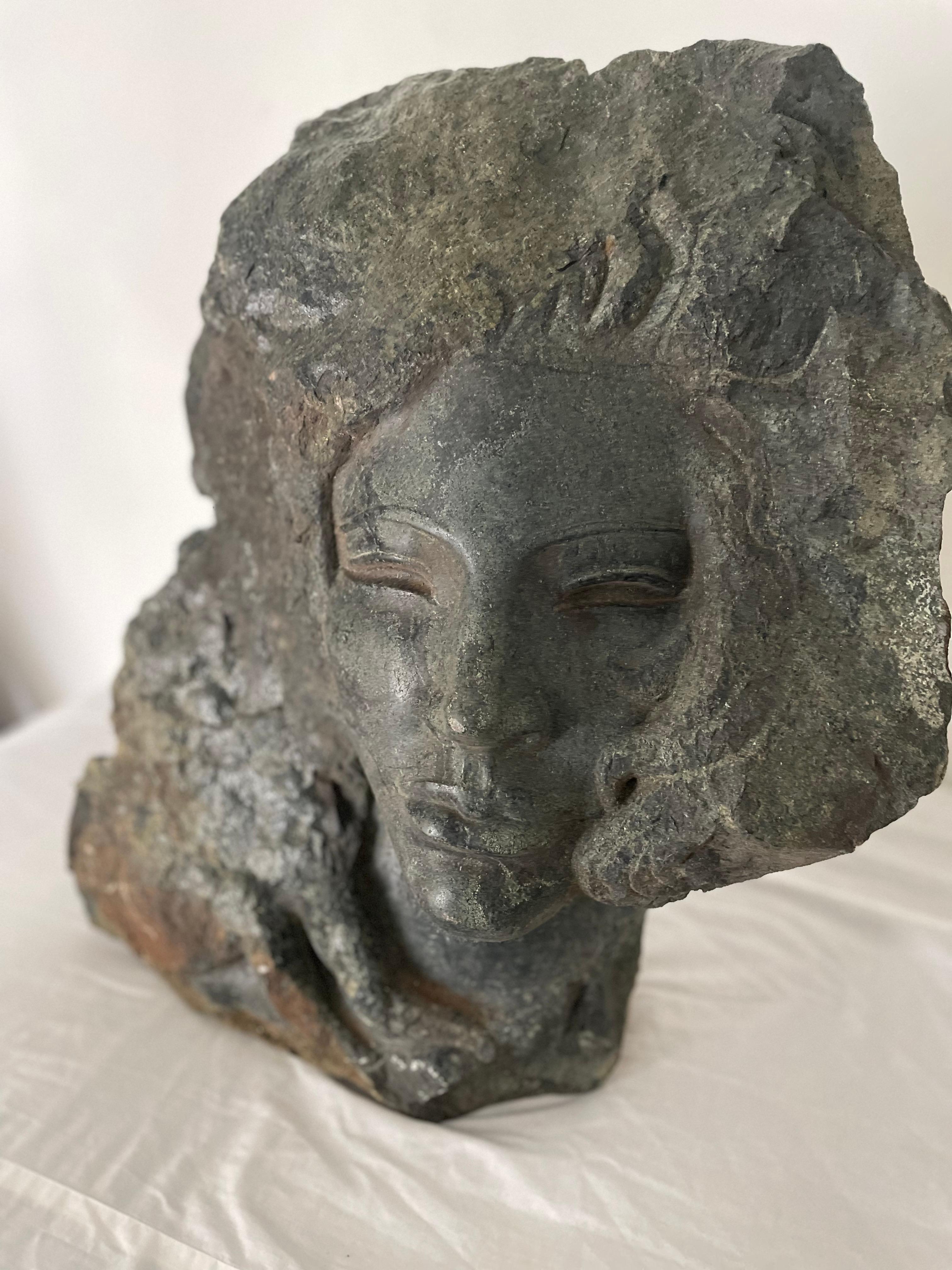 Female Sculpture Carved Stone Bust of a Woman Signed by Artist Charles Cutler For Sale 3