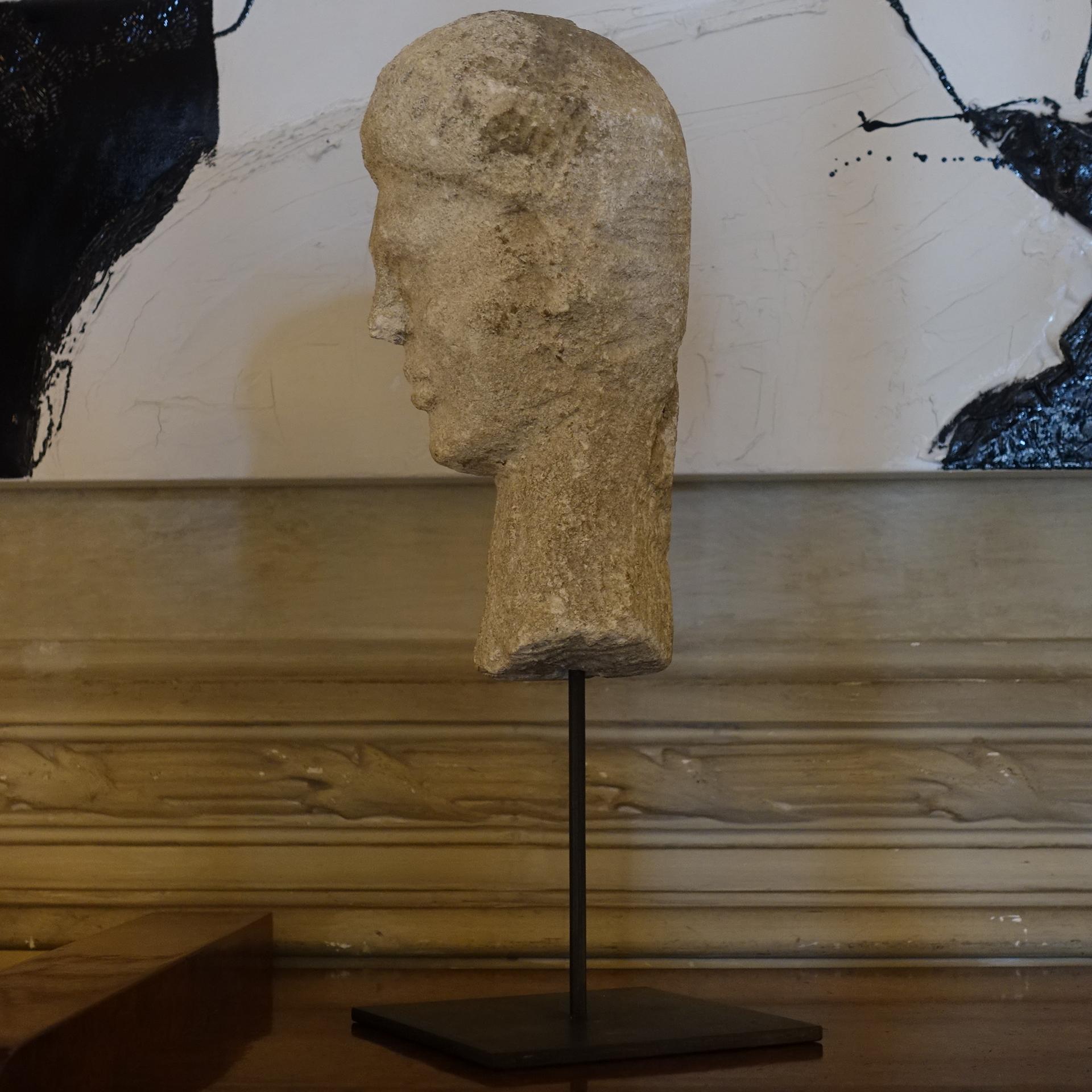 Italian Female Stone Head on Steel Pedestal, Italy, Mid 20th Century