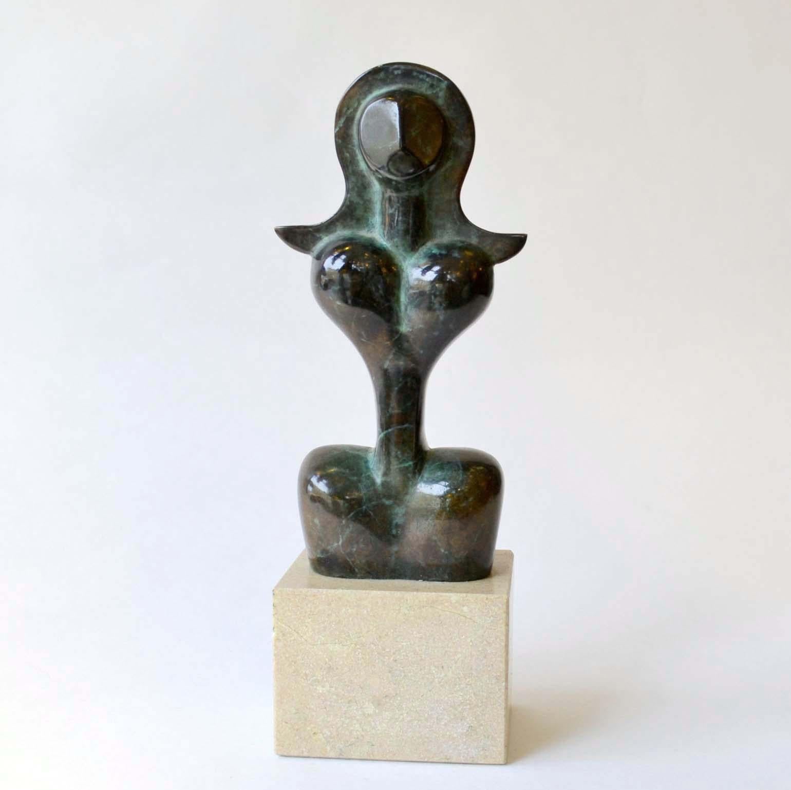 Abstract figurative sculpture of a curvaceous woman with long hair in patinated and highly polished bronze is placed on a marble plinth. This unknown female figurative sculpture is indicative of Alexander Archipenko an American-Ukrainian cubist