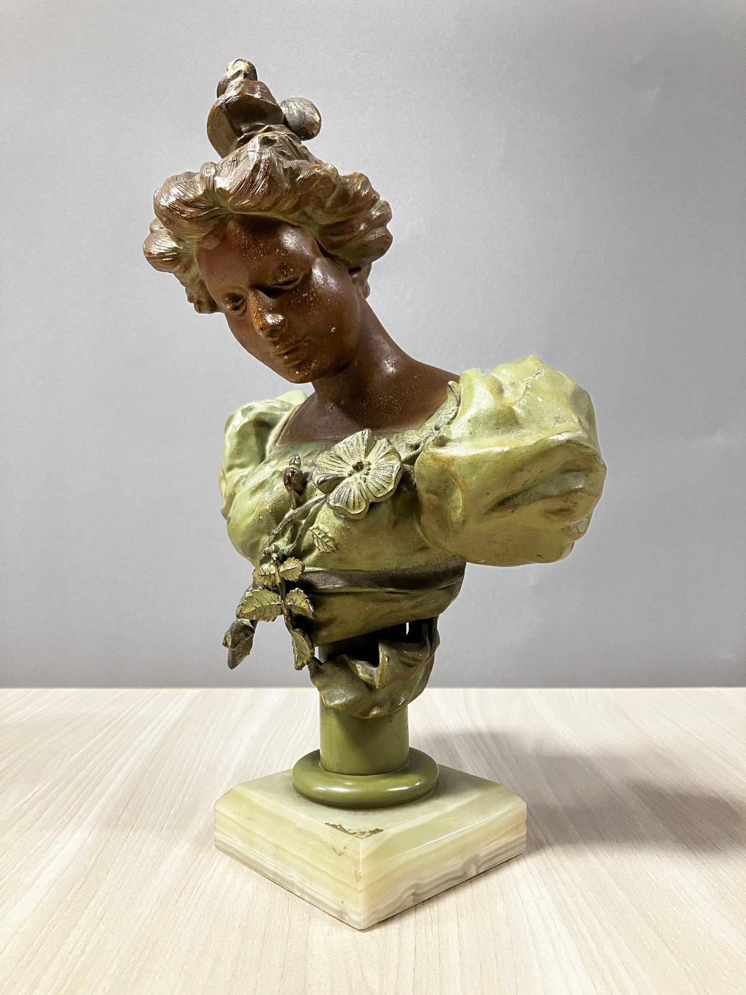 French Female Victorian Summer Madame Bust W/ Marble Base For Sale