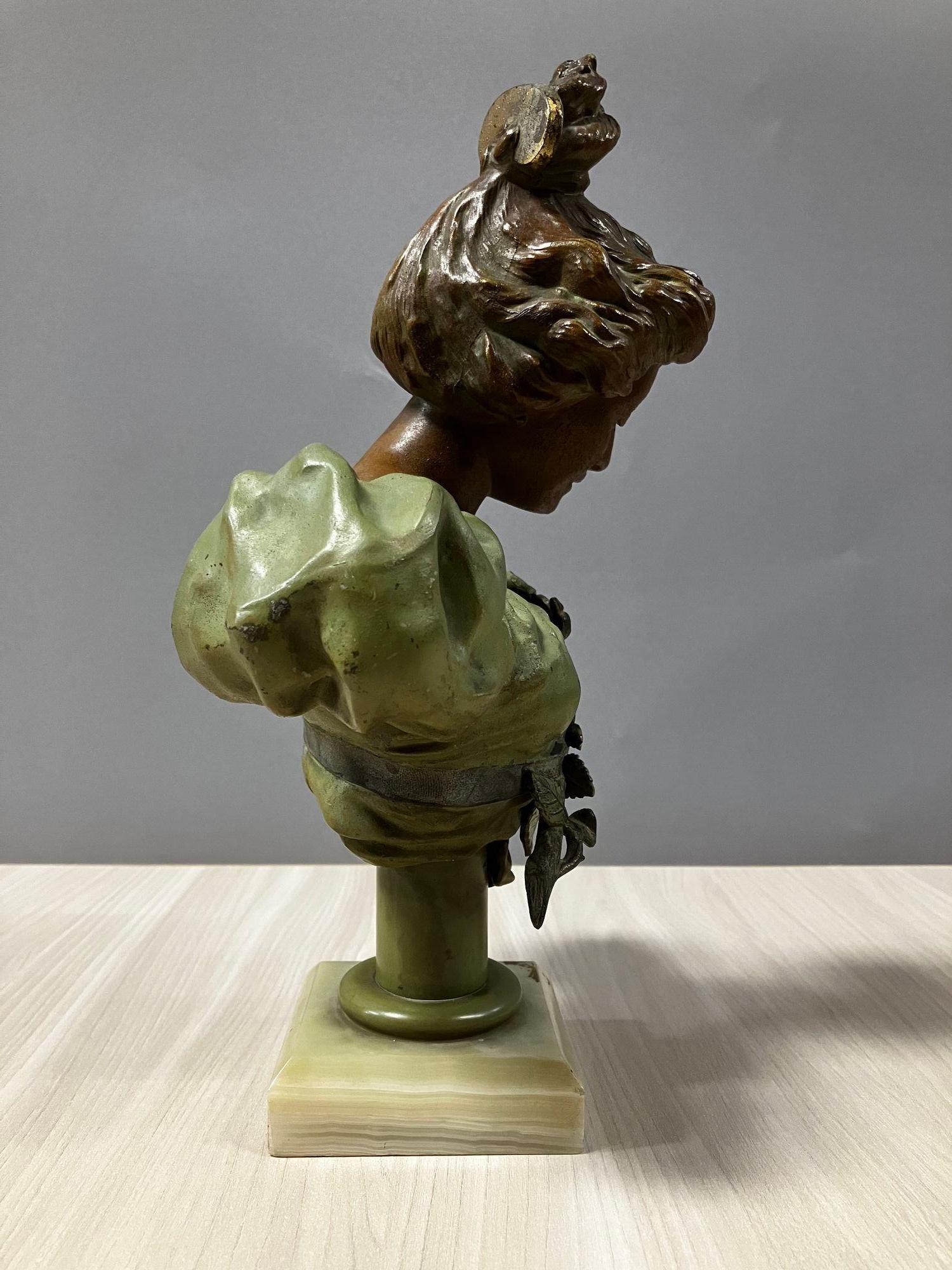 Bronze Female Victorian Summer Madame Bust W/ Marble Base For Sale