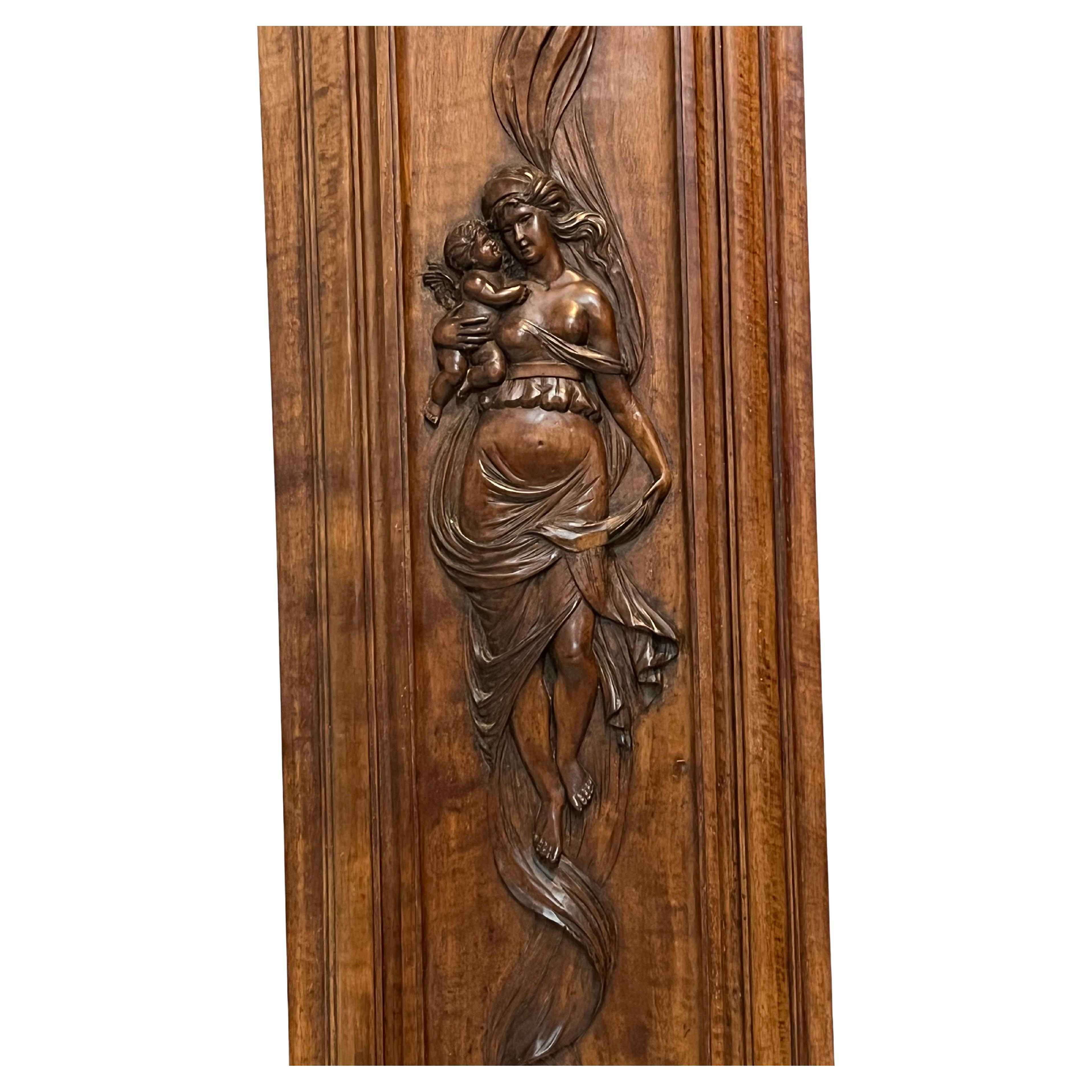 Female and Child Hand Carved Fruit Wood circa 1930 in French Renaissance Style For Sale