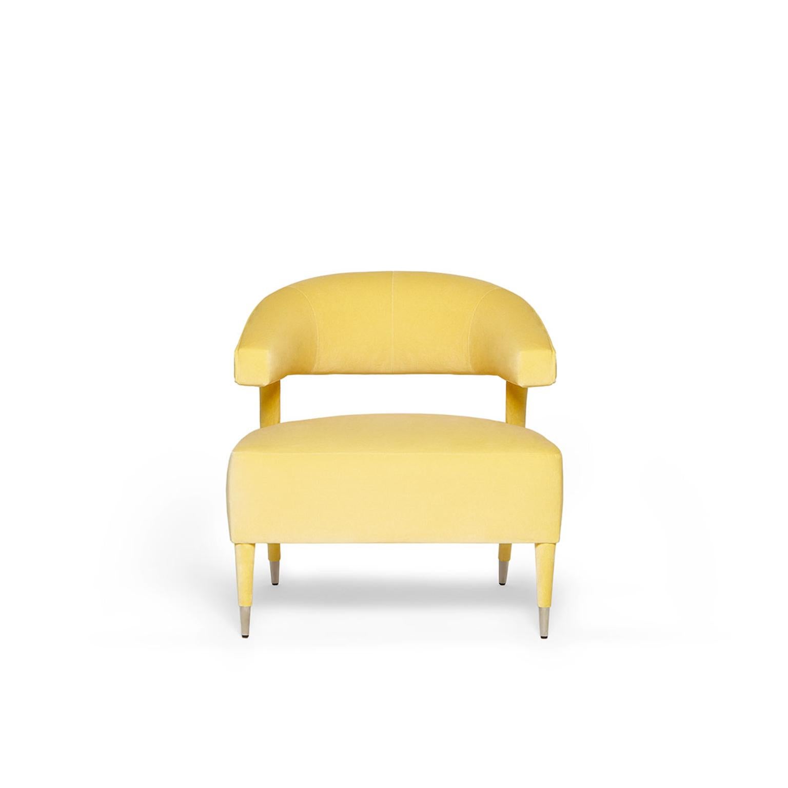 Babe Armchair by Munna
Dimensions: D 71 x W 70 x H 72 cm. SH: 44 cm.
Materials: Solid wood, foam, brass, and upholstery.
Finish: Cotton Velvet, ref. Buttermilk CV38 and polished brass feet covers.

Available in all Munna fabrics except Wild Silk.