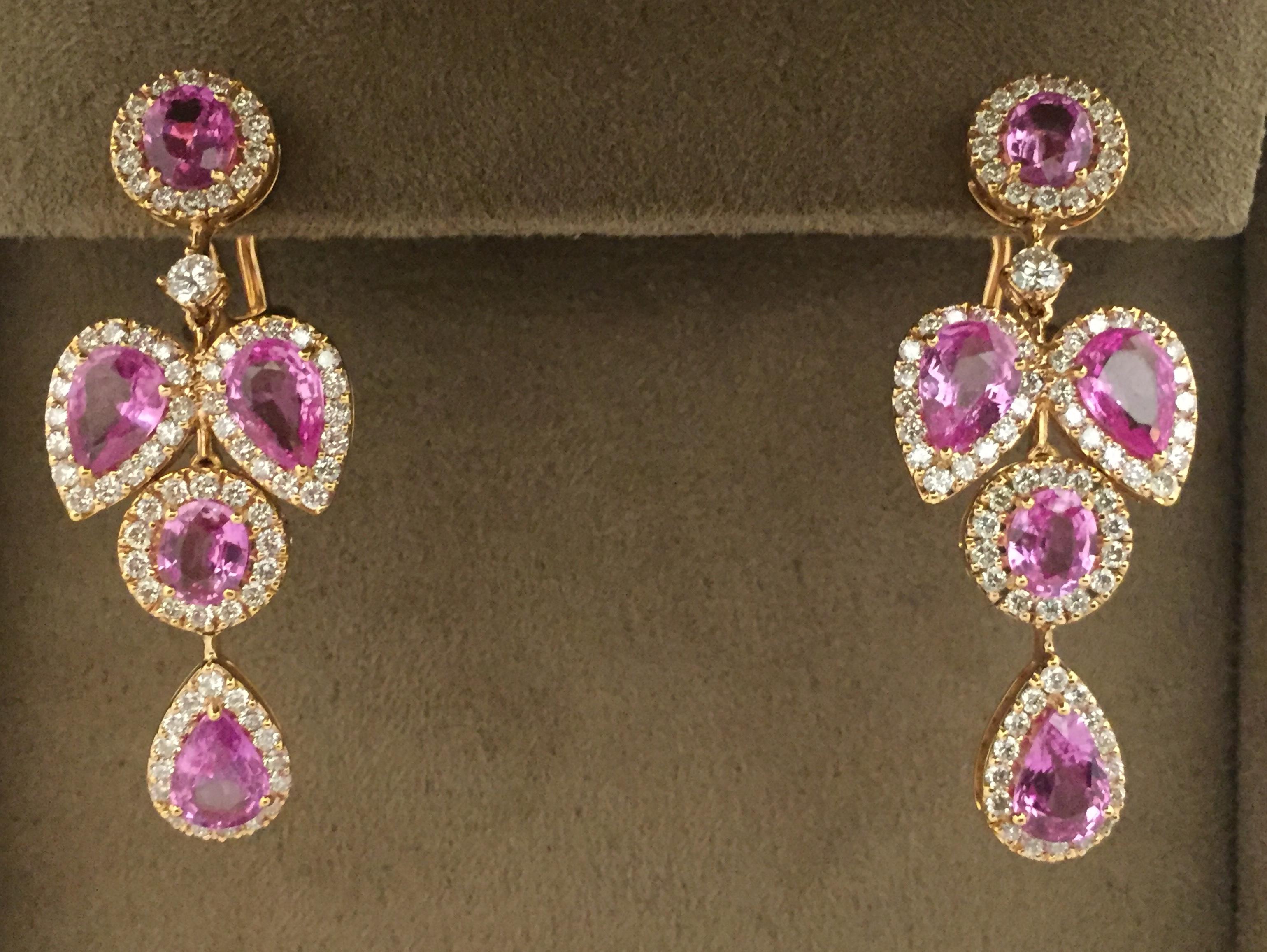 Contemporary Feminine Chandelier Rose Gold Earrings with Pink Sapphire and Diamonds