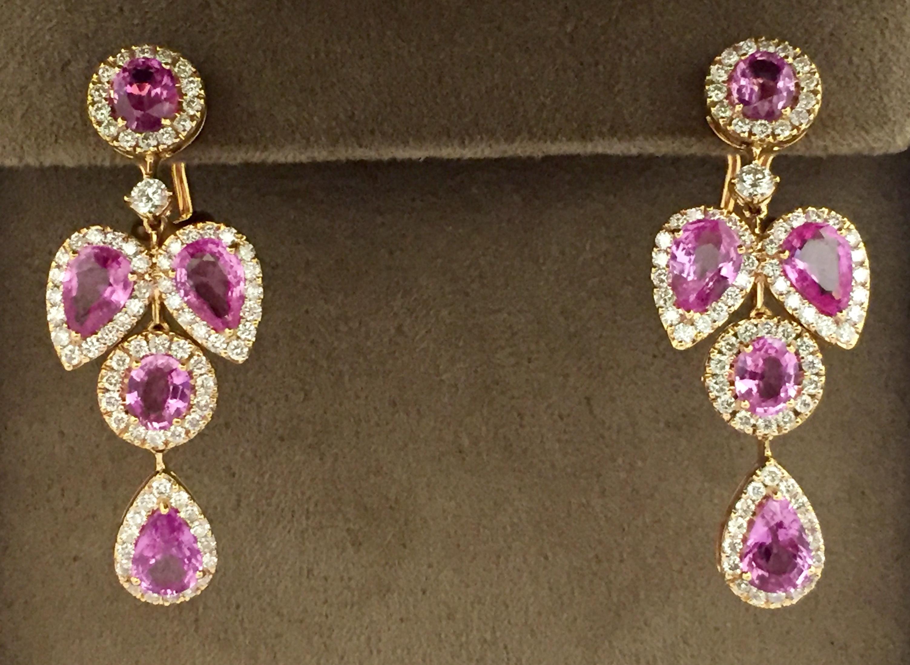 Round Cut Feminine Chandelier Rose Gold Earrings with Pink Sapphire and Diamonds