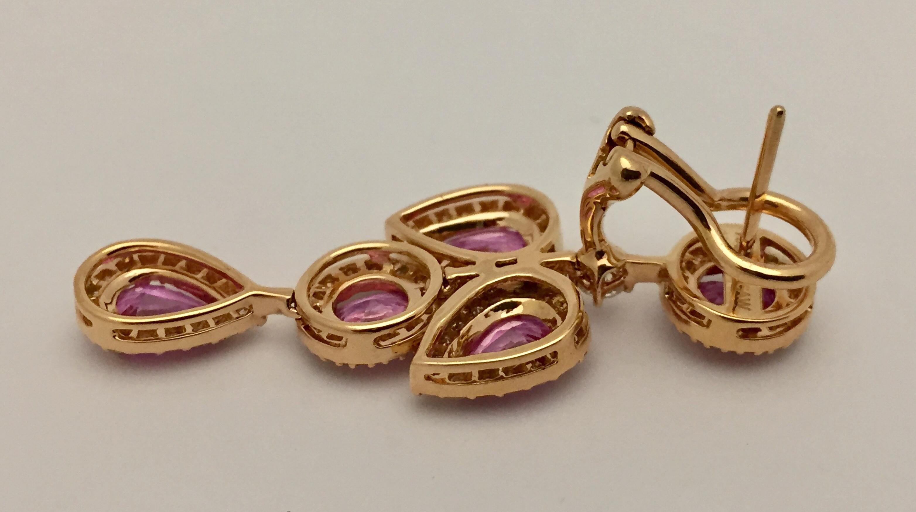 Women's Feminine Chandelier Rose Gold Earrings with Pink Sapphire and Diamonds