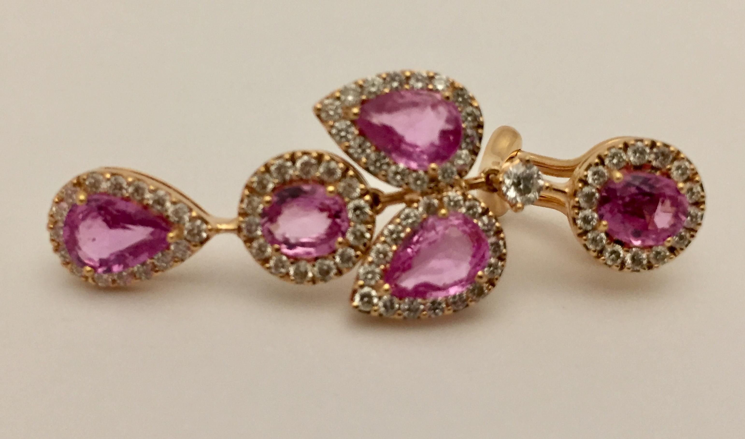 Feminine Chandelier Rose Gold Earrings with Pink Sapphire and Diamonds 1