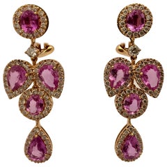 Feminine Chandelier Rose Gold Earrings with Pink Sapphire and Diamonds