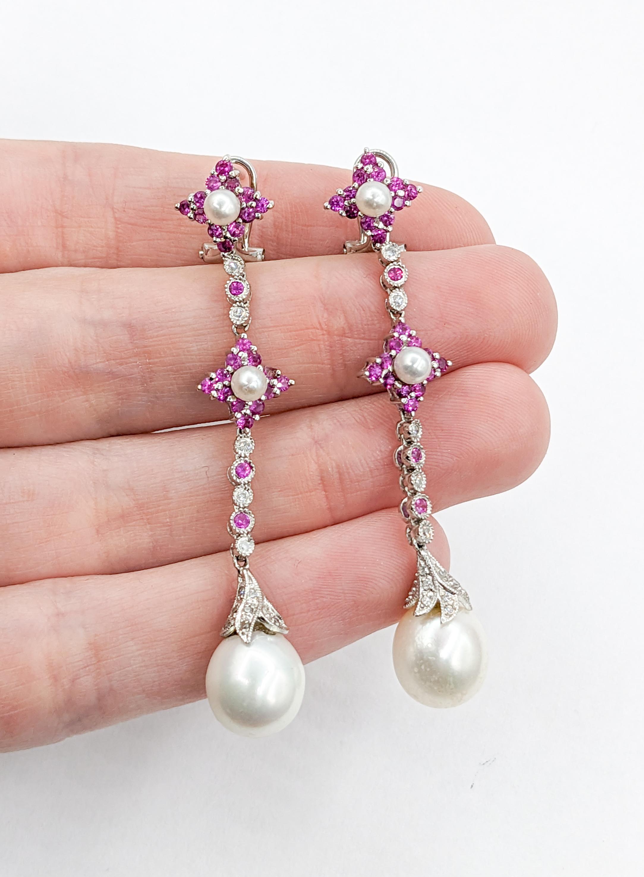 Contemporary Feminine Cultured Pearl, Diamond & Pink Sapphire Earrings For Sale