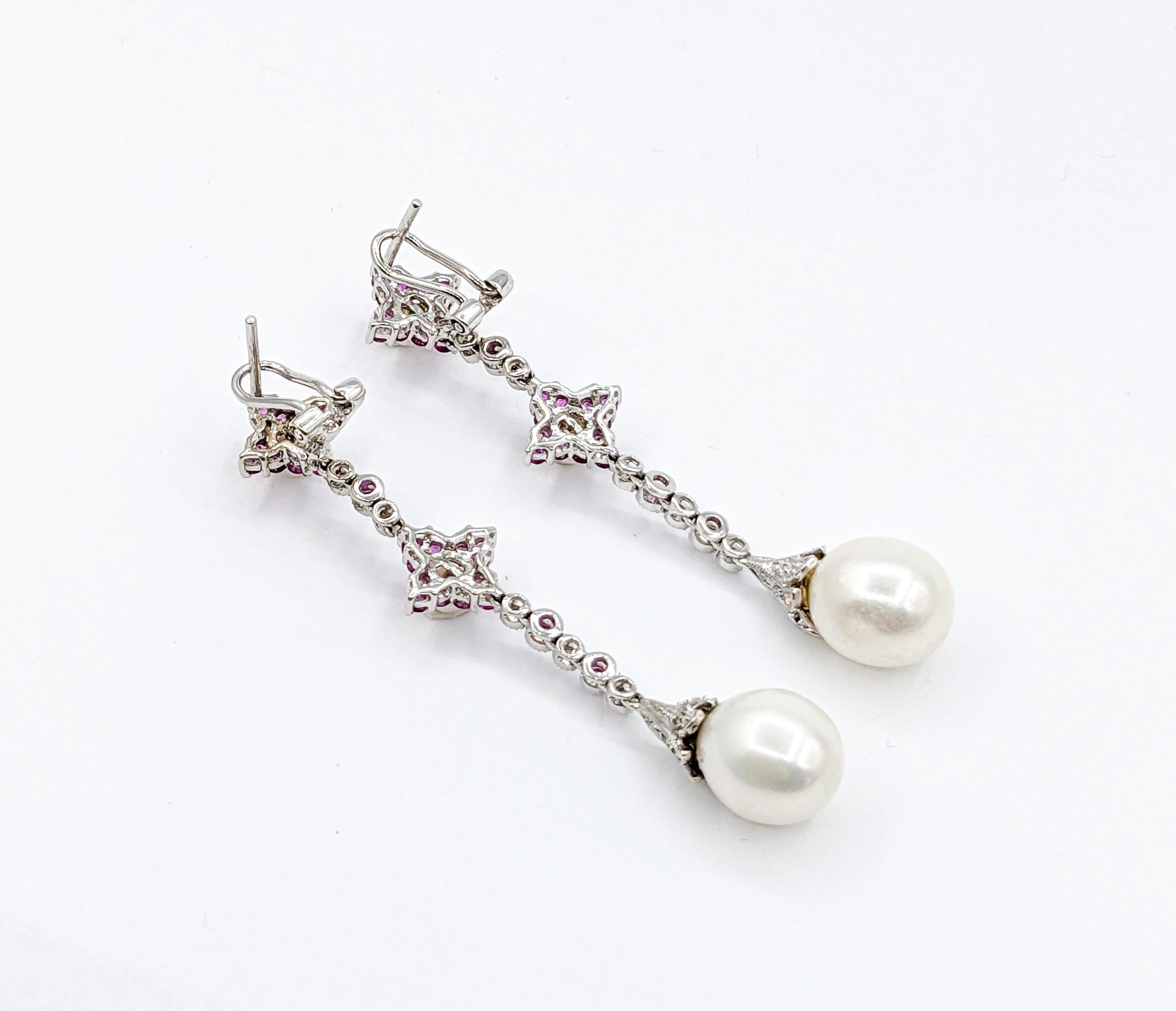 Round Cut Feminine Cultured Pearl, Diamond & Pink Sapphire Earrings For Sale