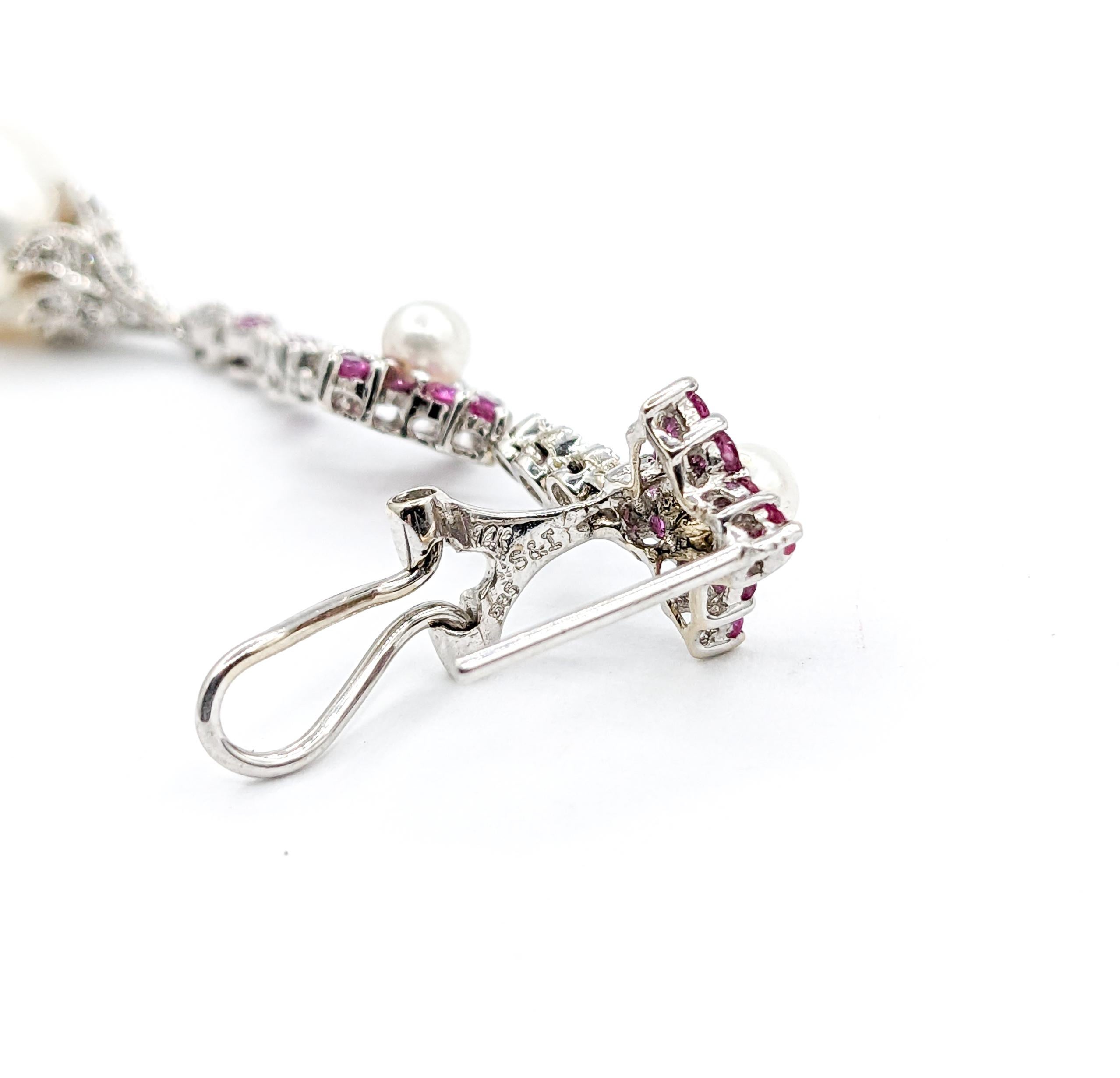 Women's or Men's Feminine Cultured Pearl, Diamond & Pink Sapphire Earrings For Sale