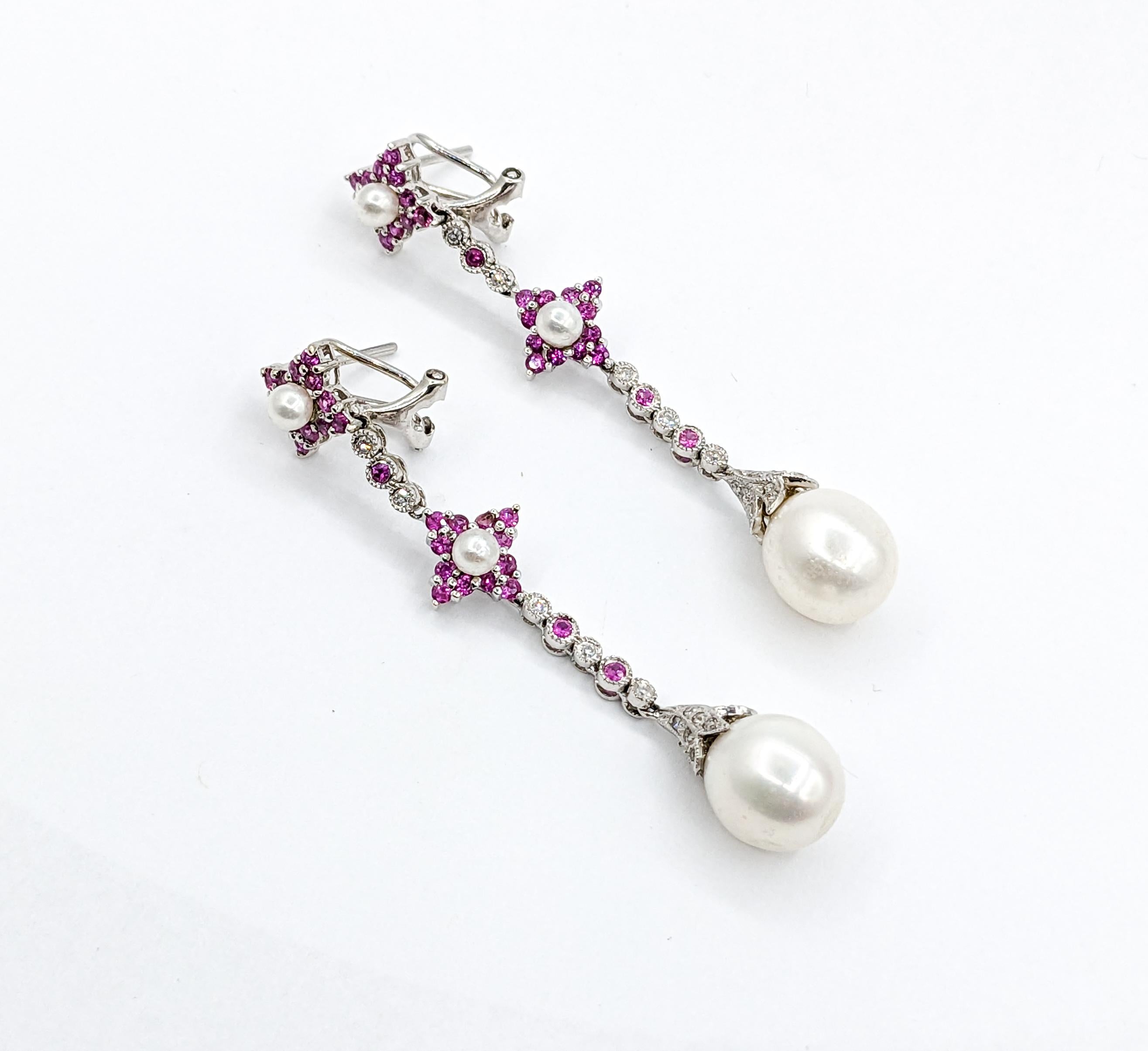 Feminine Cultured Pearl, Diamond & Pink Sapphire Earrings For Sale 1