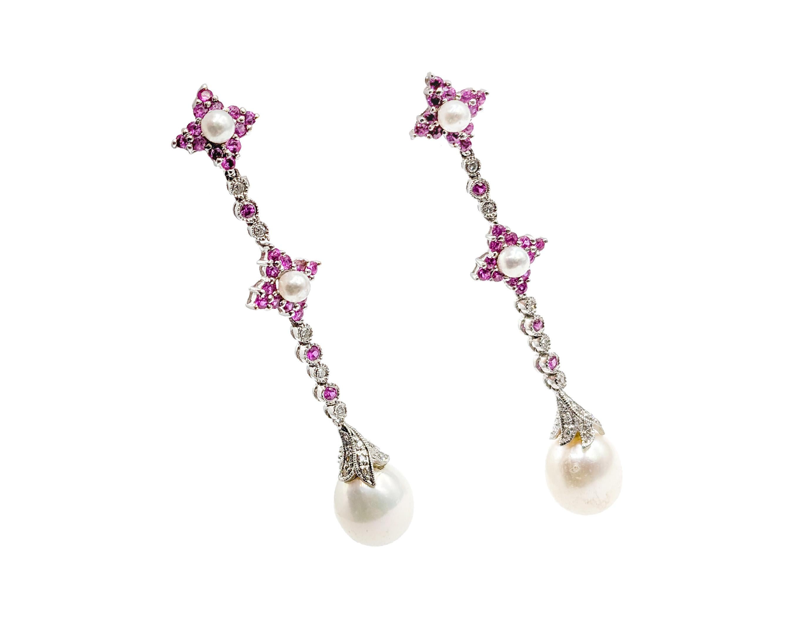 Feminine Cultured Pearl, Diamond & Pink Sapphire Earrings For Sale 2
