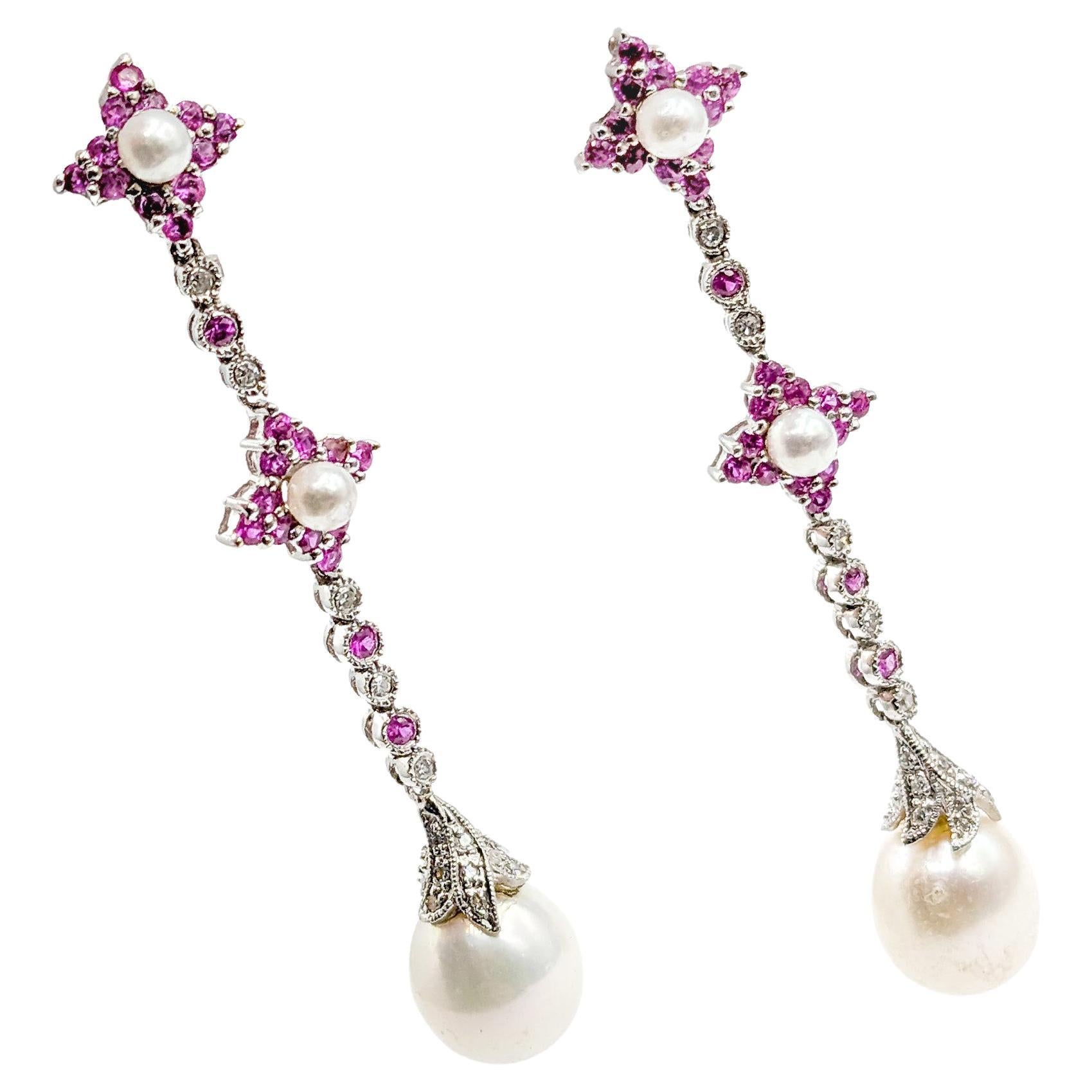 Feminine Cultured Pearl, Diamond & Pink Sapphire Earrings For Sale