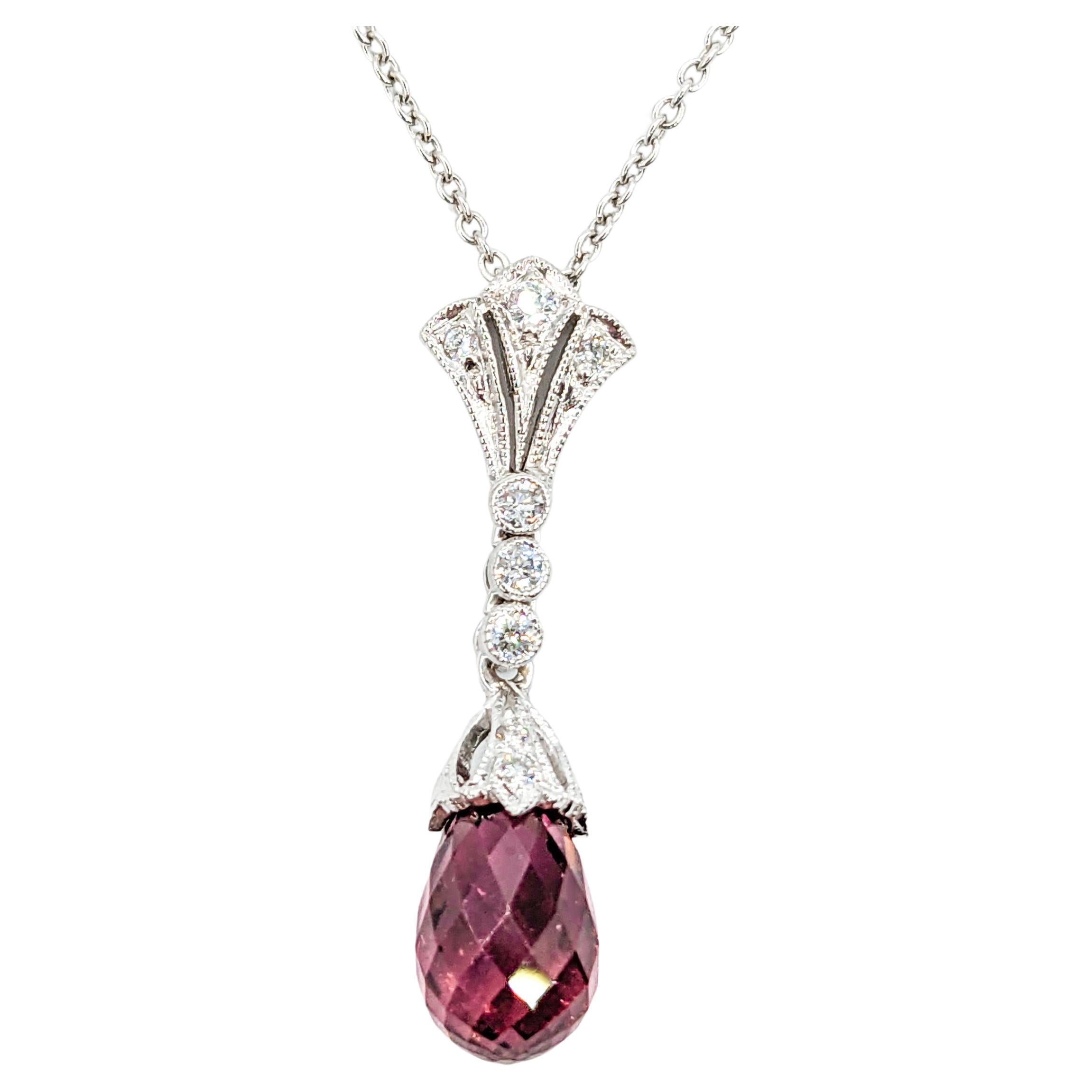 Feminine Diamond & Tourmaline Briolette Drop Pendant Necklace in 18k White Gold For Sale