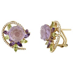 Femeninos y Elegantes Pendientes de Oro Amarillo Diamante Amatista Crisoprasa