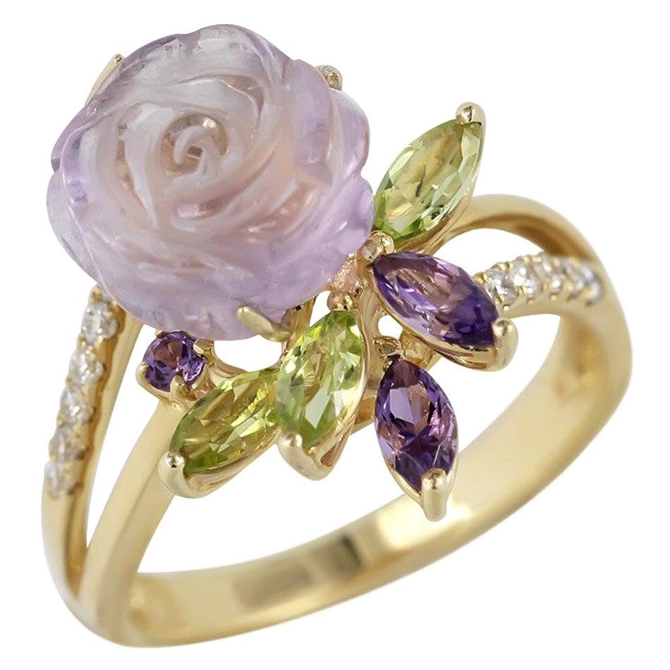 For Sale:  Feminine Elegant Diamond Amethyst Chrysoprase Yellow Gold Ring