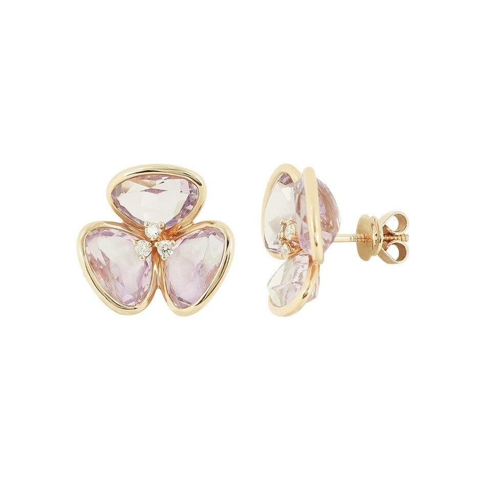 Antique Cushion Cut Feminine Elegant Pink Gold White Diamond Amethyst Flower Earrings For Sale