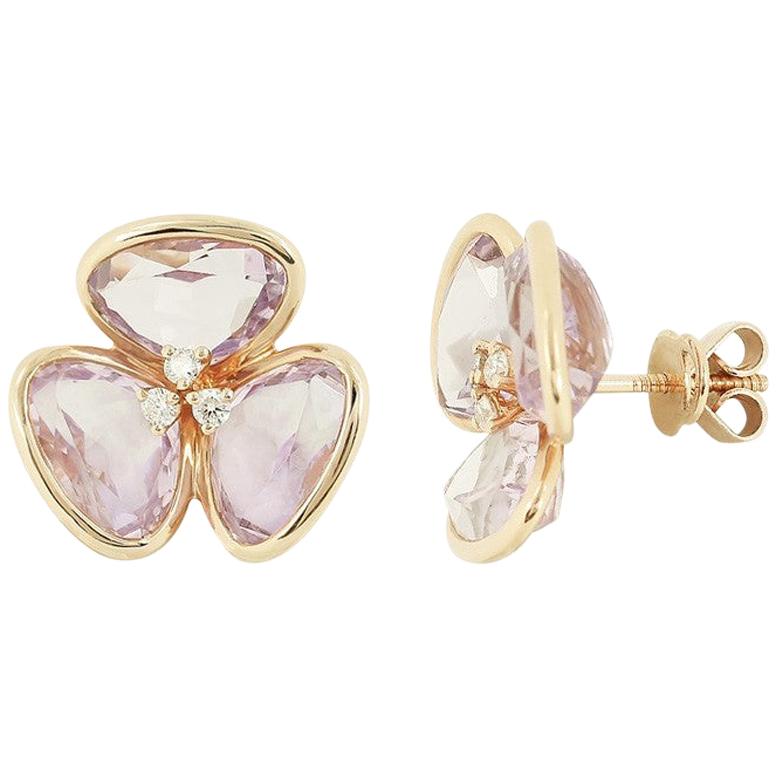 Boucles d'oreilles fleur féminines et élégantes en or rose, diamants blancs et améthyste