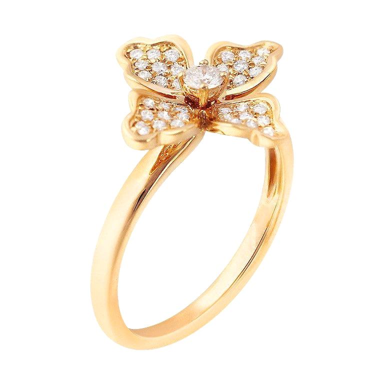 Feminine Elegant White Diamond Yellow Gold Flower Ring