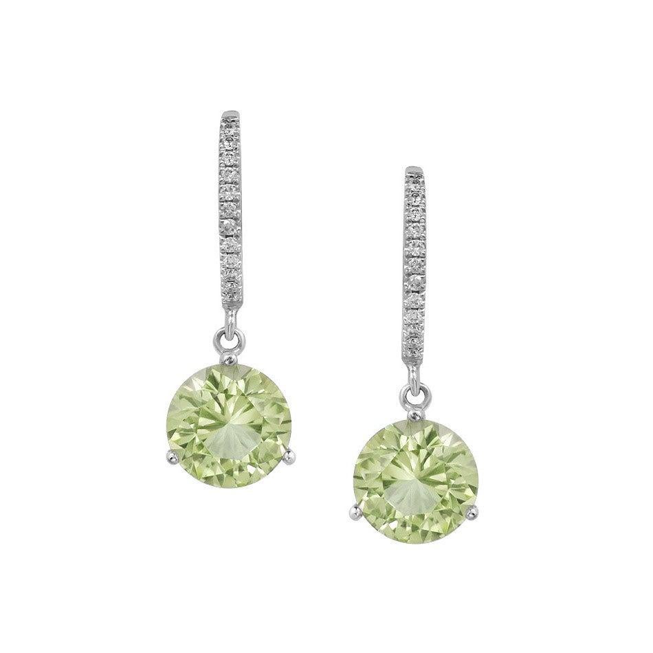 Antique Cushion Cut Feminine Elegant White Gold White Diamond Green Quartz Drop Earrings For Sale