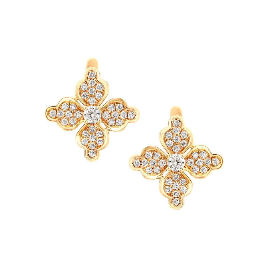 Boucles d'oreilles fleur élégantes et féminines en or jaune et diamants blancs en vente