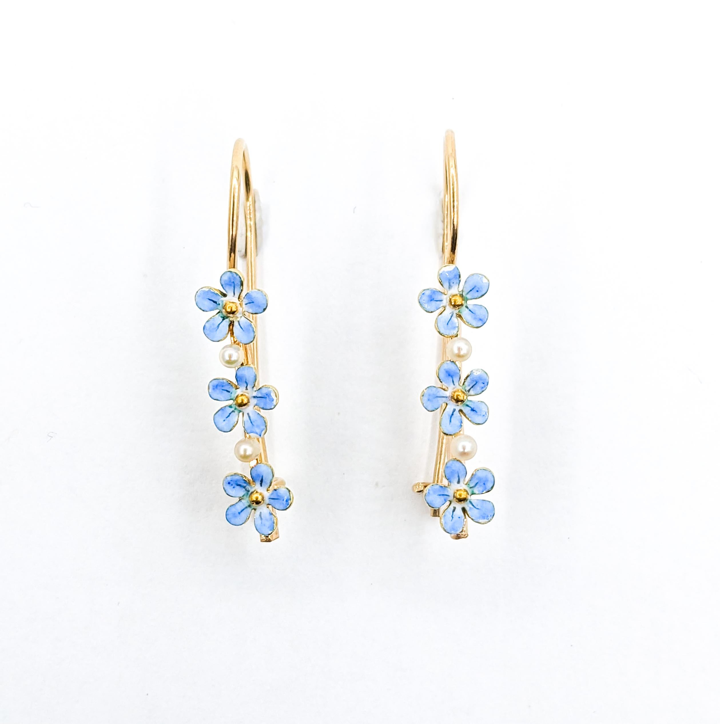 Round Cut Feminine Enamel & Pearl Forget-Me-Not Flower Drop Earrings in Yellow Gold