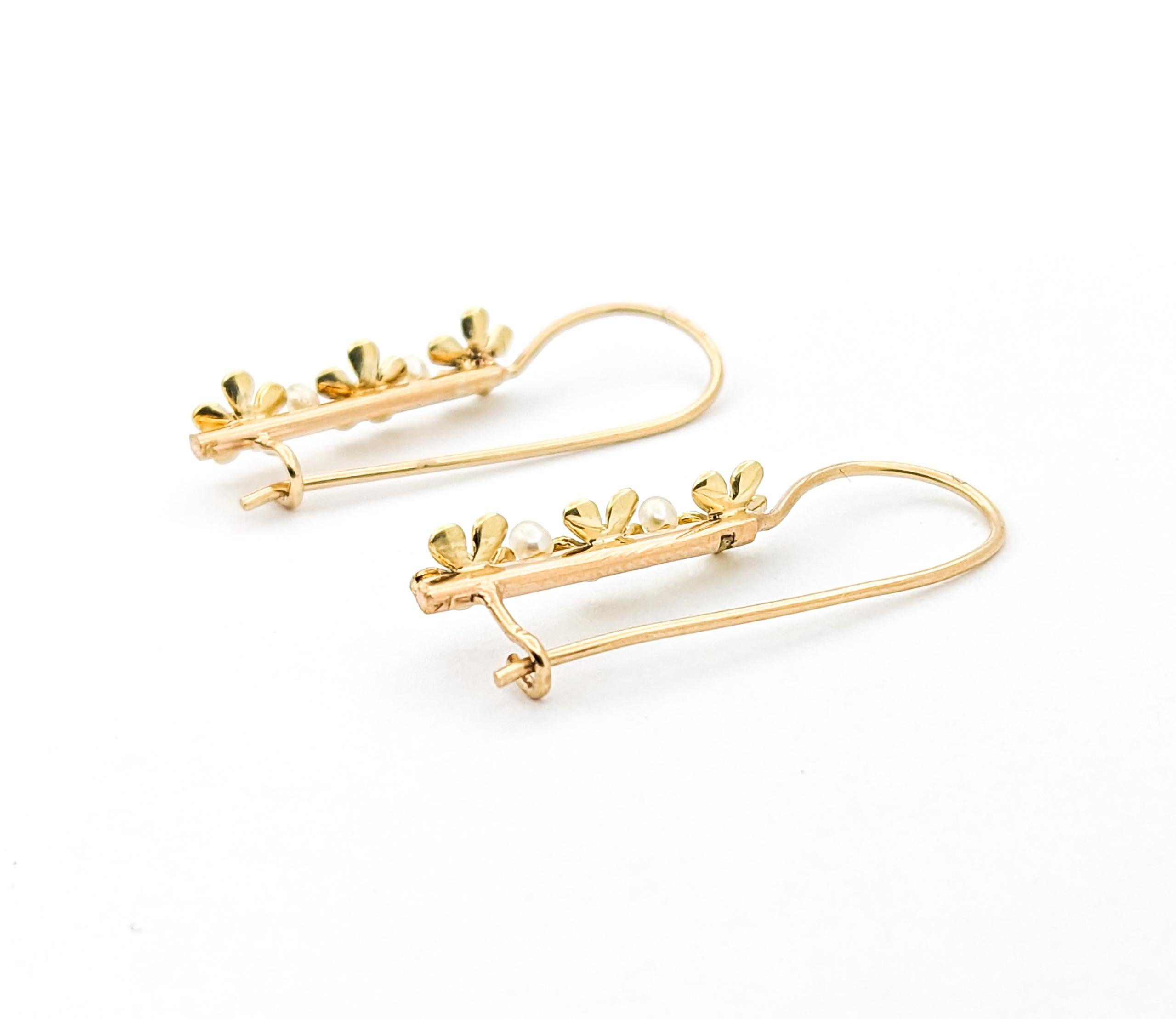 Women's Feminine Enamel & Pearl Forget-Me-Not Flower Drop Earrings in Yellow Gold