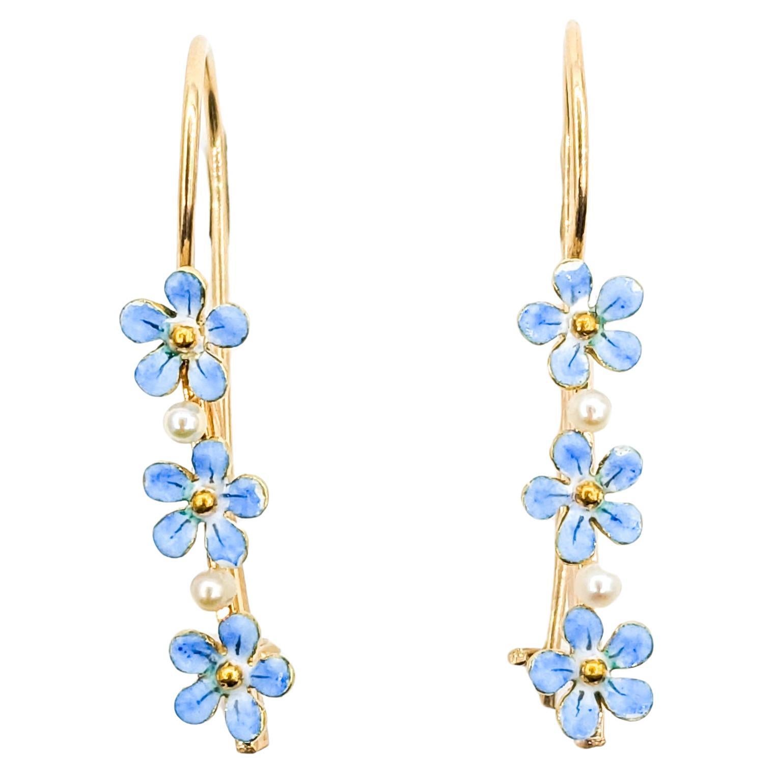 Feminine Enamel & Pearl Forget-Me-Not Flower Drop Earrings in Yellow Gold