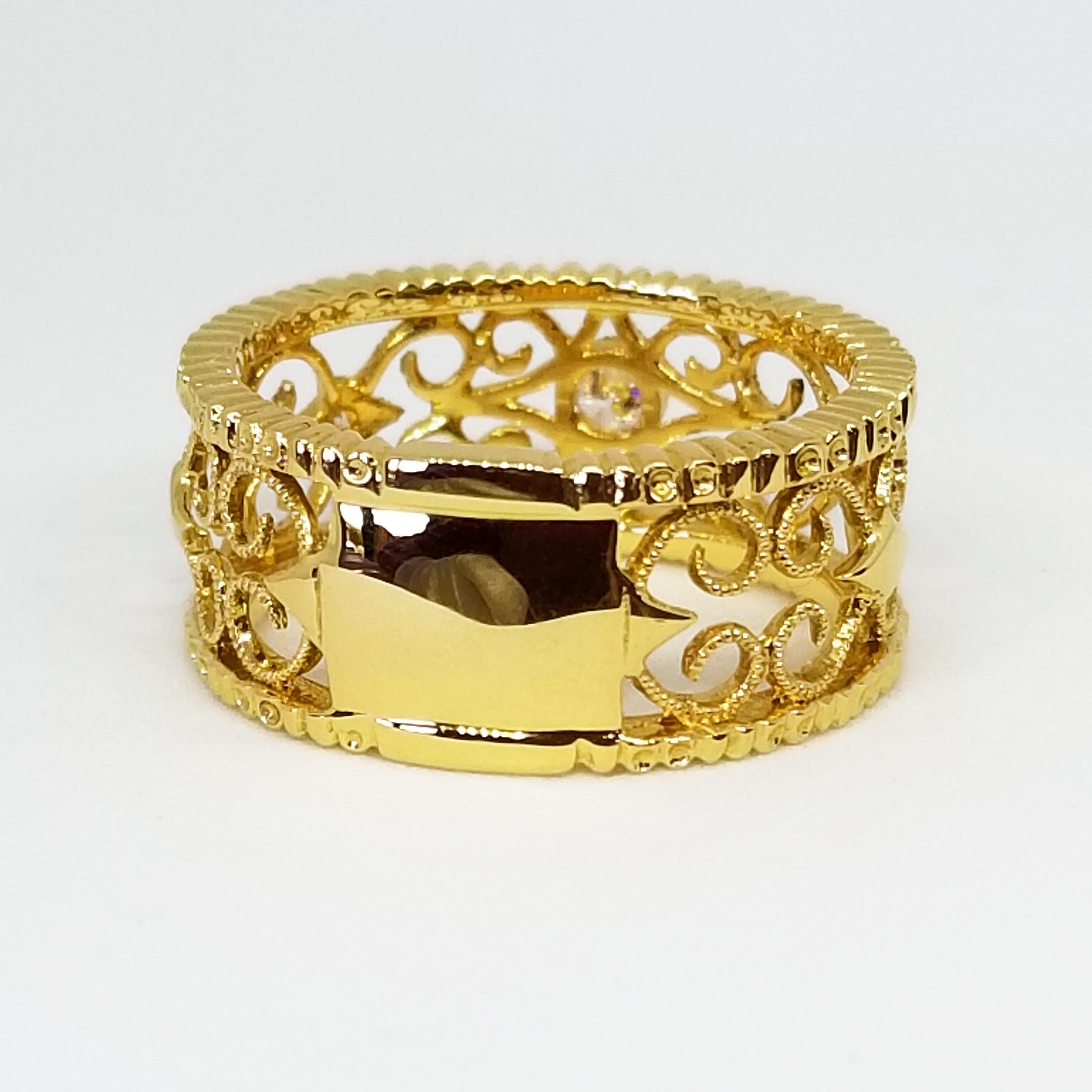 Feminine Filigree Diamond Eternity Wide Anniversary Band 18 Karat Yellow Gold In New Condition In Lambertville , NJ