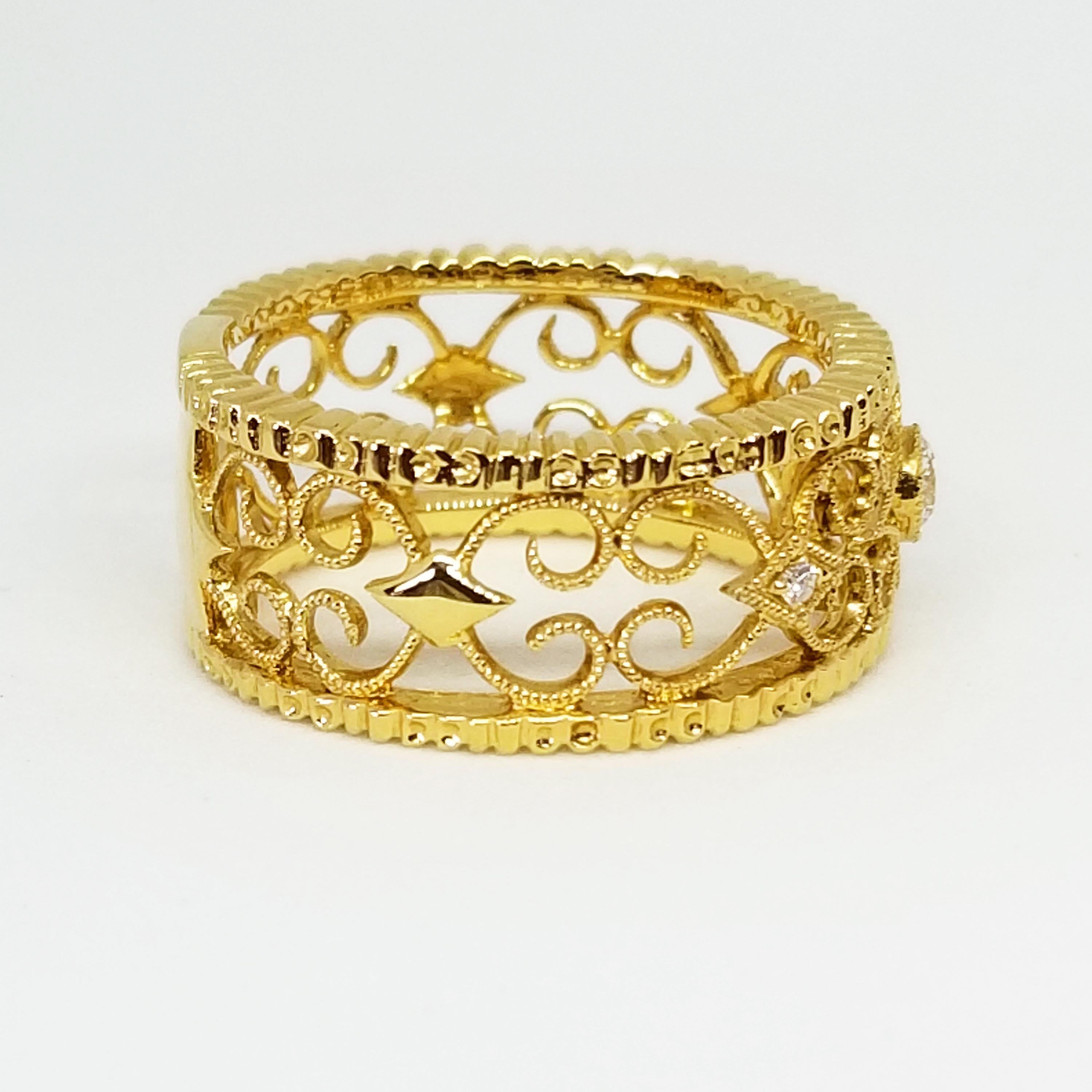 Women's or Men's Feminine Filigree Diamond Eternity Wide Anniversary Band 18 Karat Yellow Gold