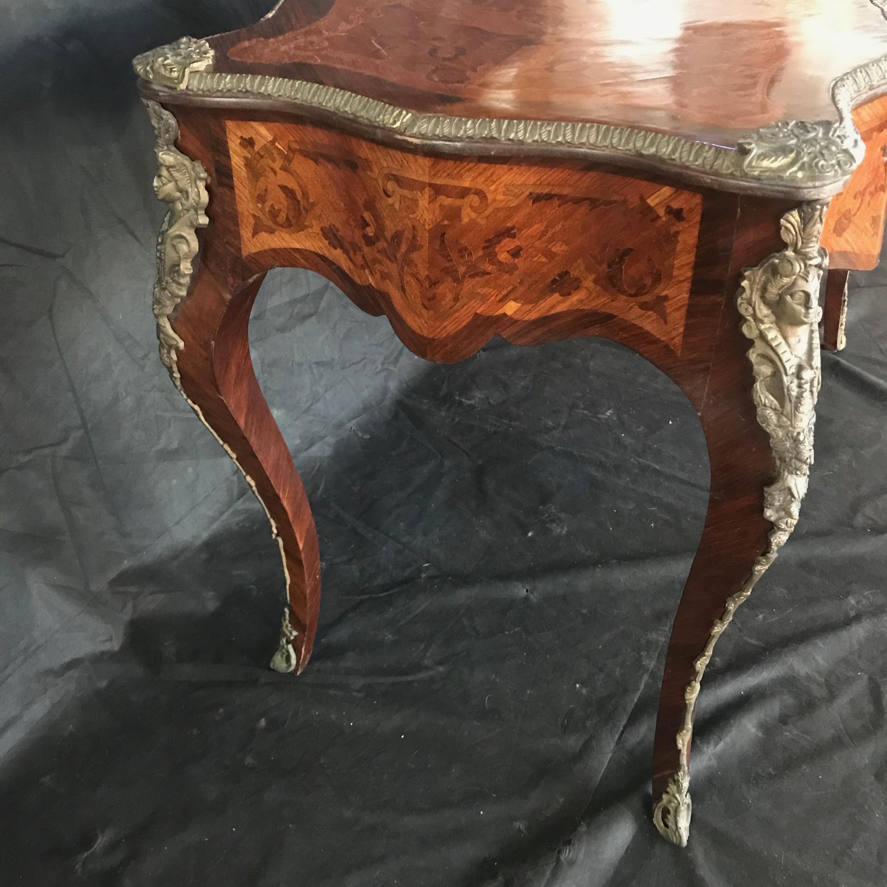 Feminine French Louis XV Petite Marquetry Desk with Bronze Detail 13