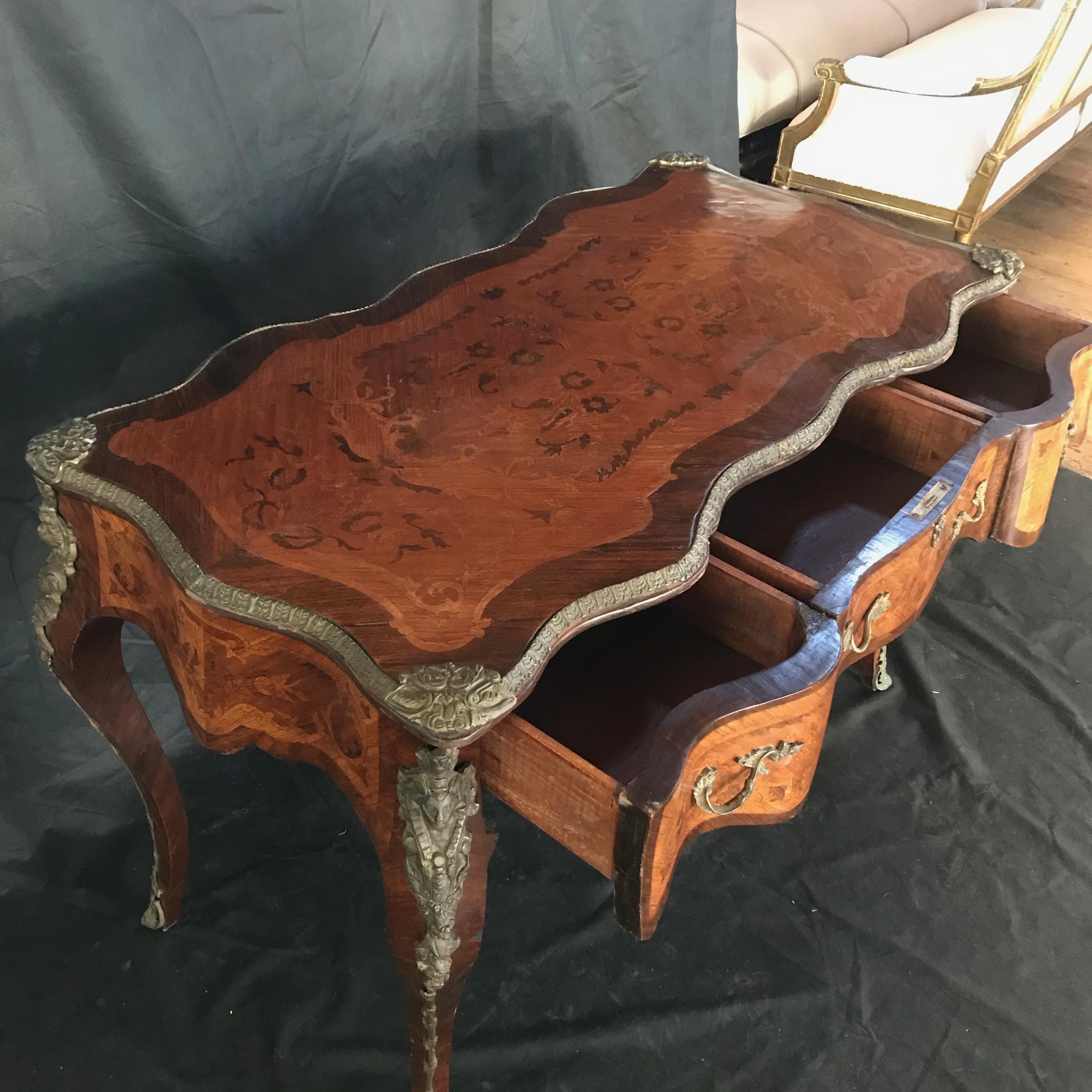 Feminine French Louis XV Petite Marquetry Desk with Bronze Detail 2