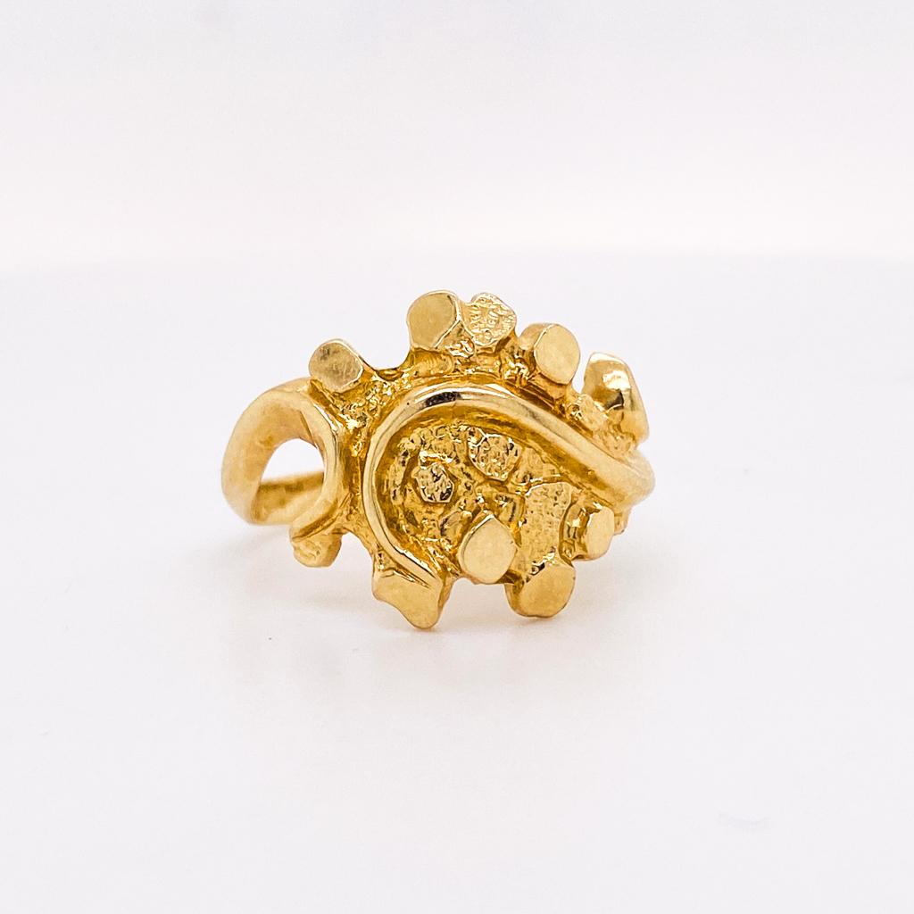 Artisan Feminine Nugget Ring in 14 Karat Yellow Gold, Bold Mixed Textures, Size 7 For Sale